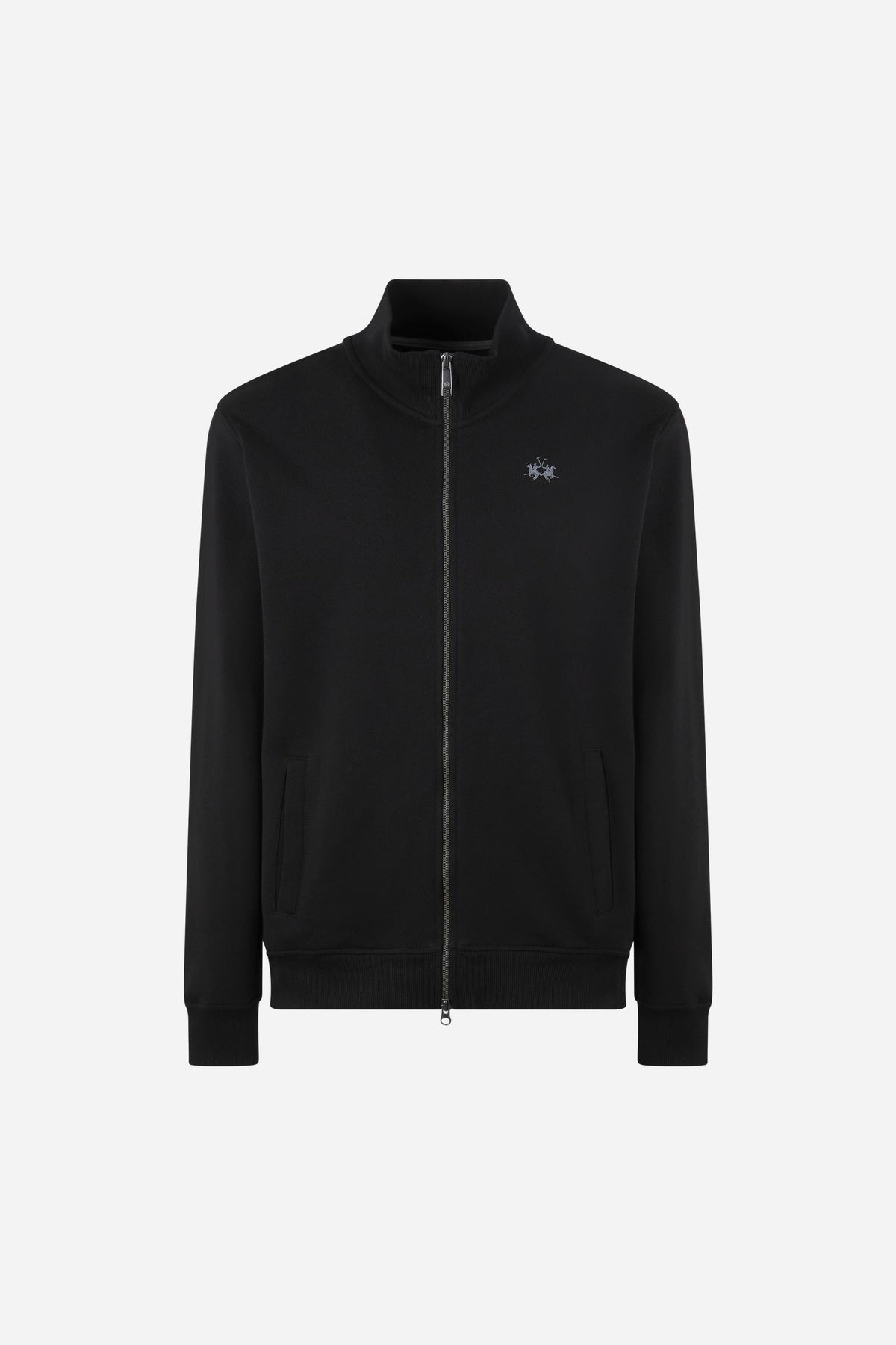 Men's 100% cotton fleece sweatshirt with a high collar, customized zipper, ribbed cuffs and hem, regular fit, and a subtle embroidered logo for comfort and style. - Black