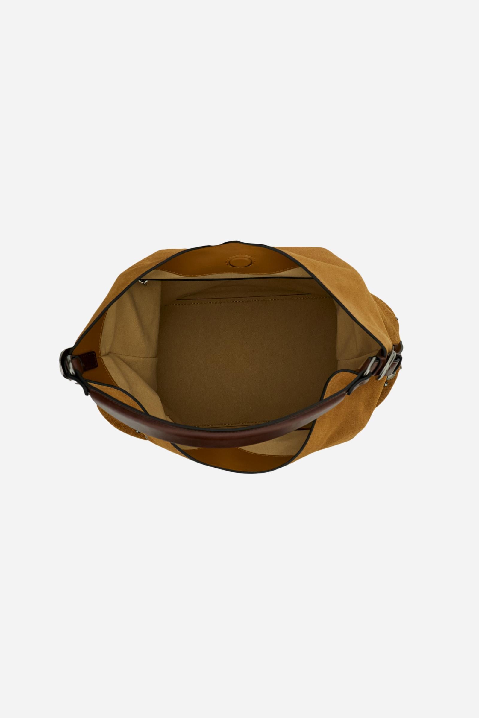 Soft suede hobo bag with leather trims, metal studs, spacious interior, zip pocket, and adjustable shoulder strap for durability and modern style. - Mou/Sienna