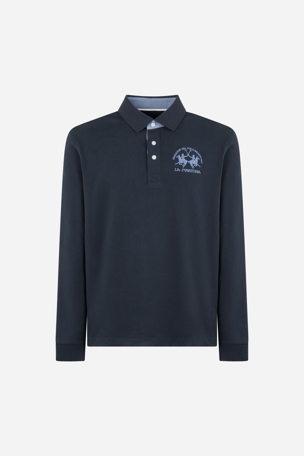Men's long-sleeve polo in soft cotton jersey with contrasting gabardine collar, ribbed details, multicolor striped placket, and embroidered team logo for comfor - Navy Blazer