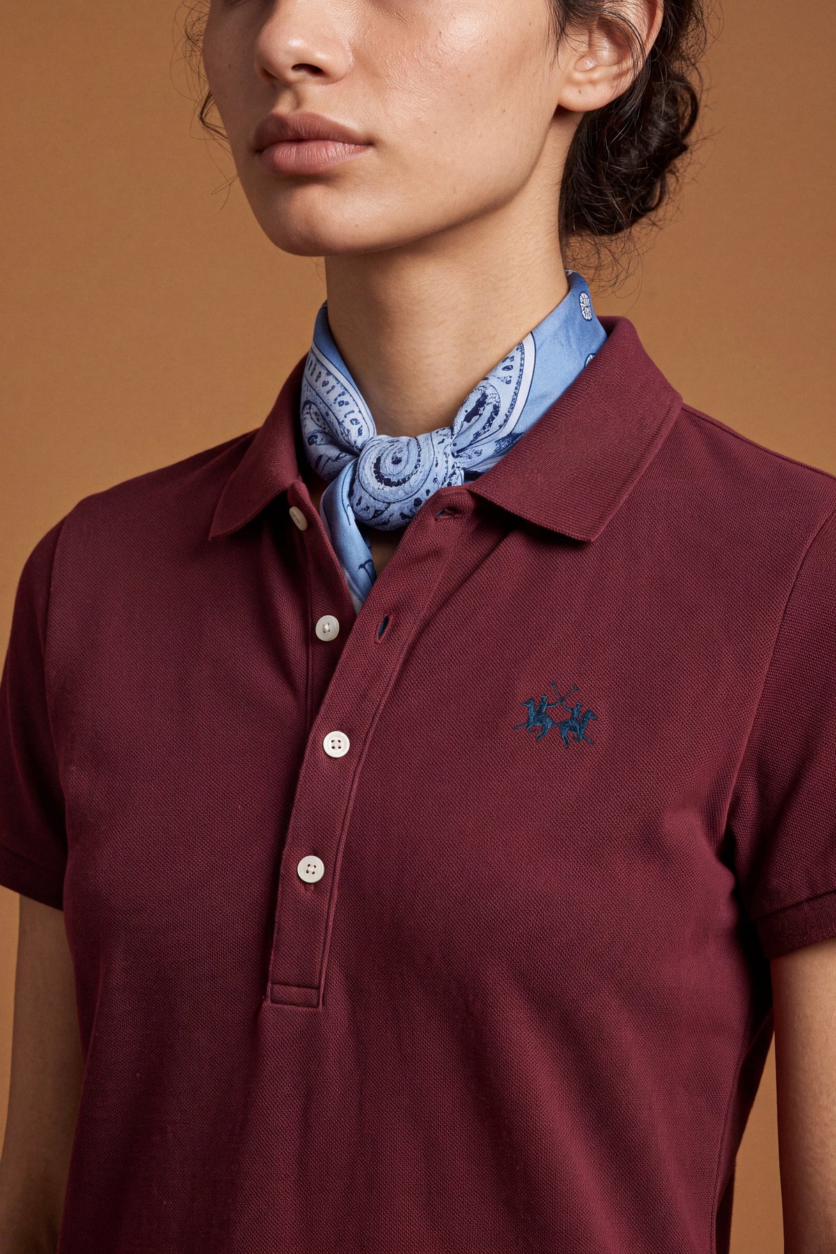 Slim-fit women's short-sleeve polo in stretch cotton blend piqué with ribbed collar and cuffs, front 4-button placket, and contrasting embroidered logo. - Port Royale