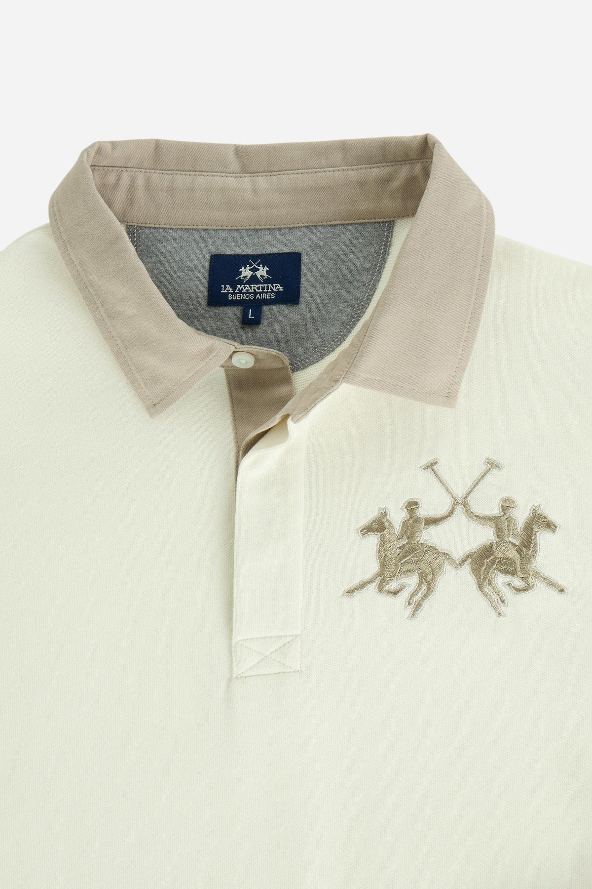 Men's long-sleeve polo in heavyweight 100% cotton jersey with a contrasting collar and hidden placket. Features a relaxed fit and a large 3D embroidered logo. - Pristine