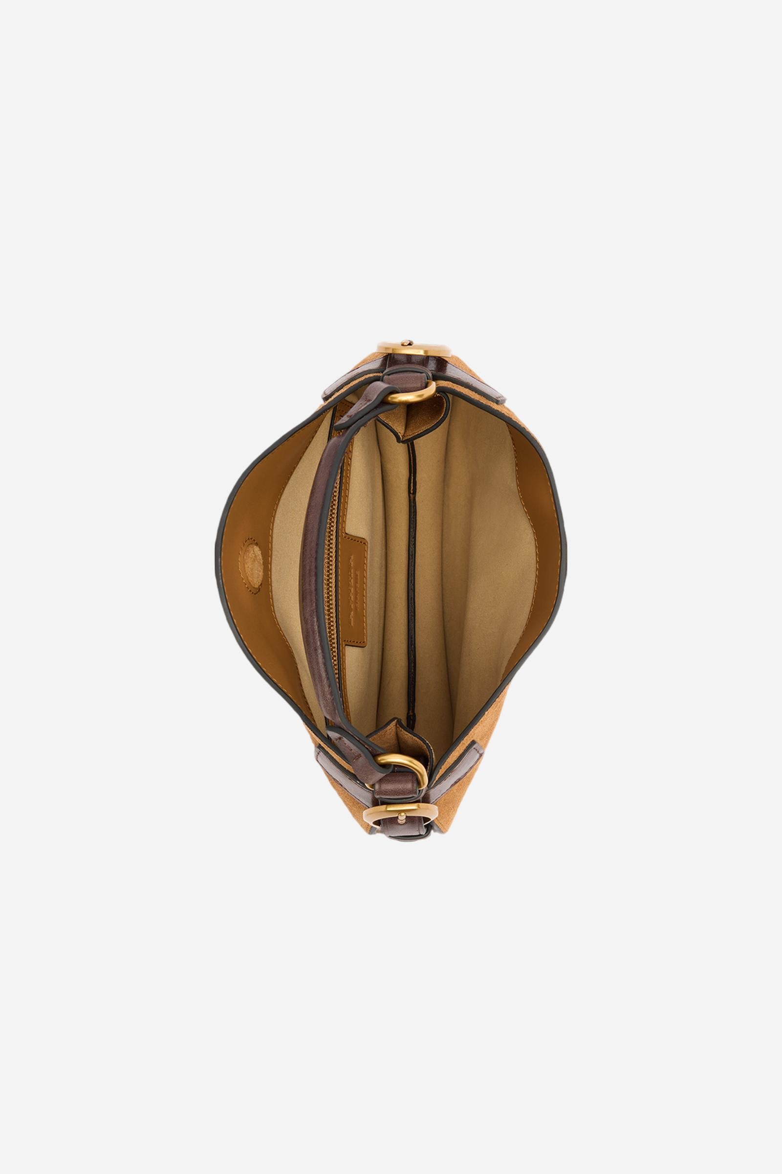 Medium hobo bag crafted from solid-colour suede with contrasting leather side inserts. Hidden magnetic closure, structured handle and detachable leather shoulder strap in contrasting tone. Gold-tone engraved logo plaque on the lower front. Dimensions:25 x 28 x 6 - HONEY/DARK CHOCOLATE