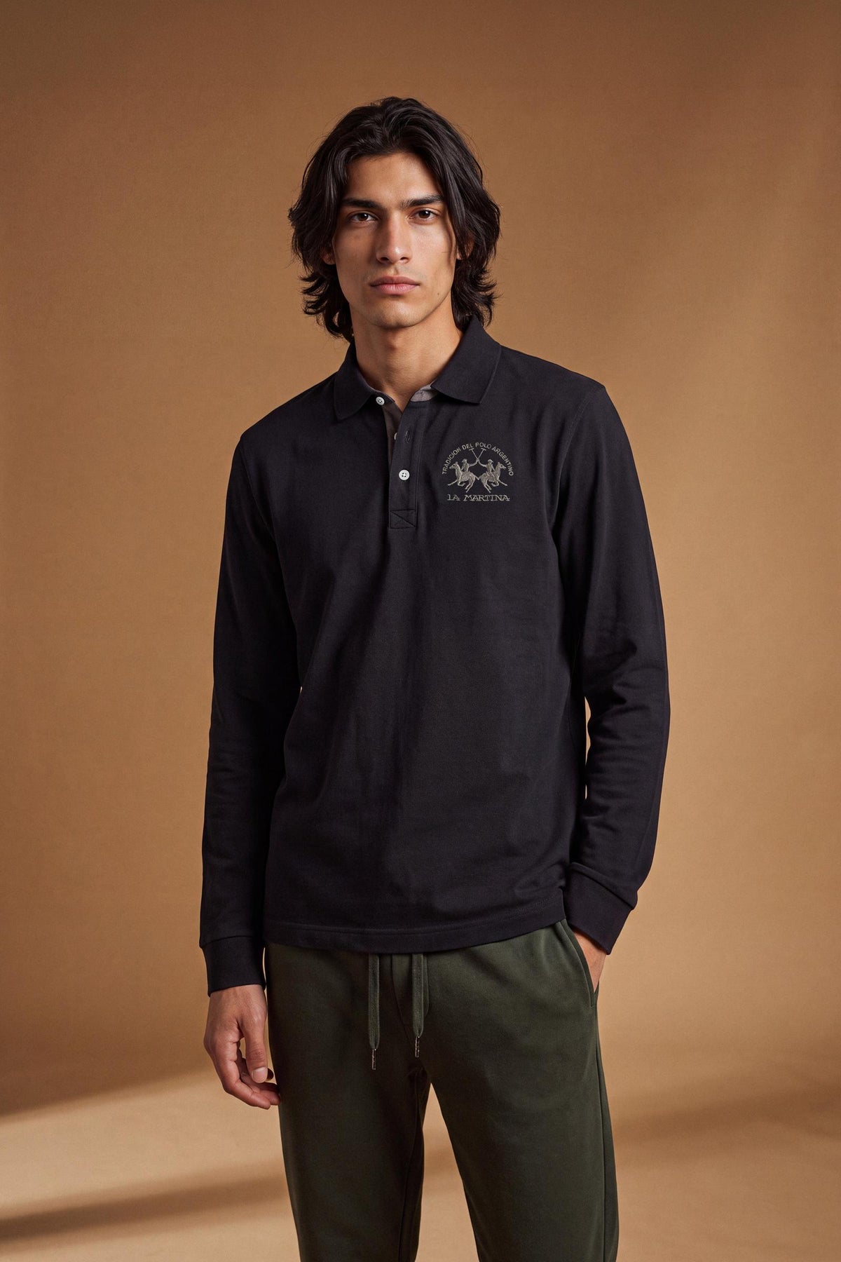 Men's long-sleeve polo in soft cotton jersey with contrasting gabardine collar, ribbed details, multicolor striped placket, and embroidered team logo for comfor - Black