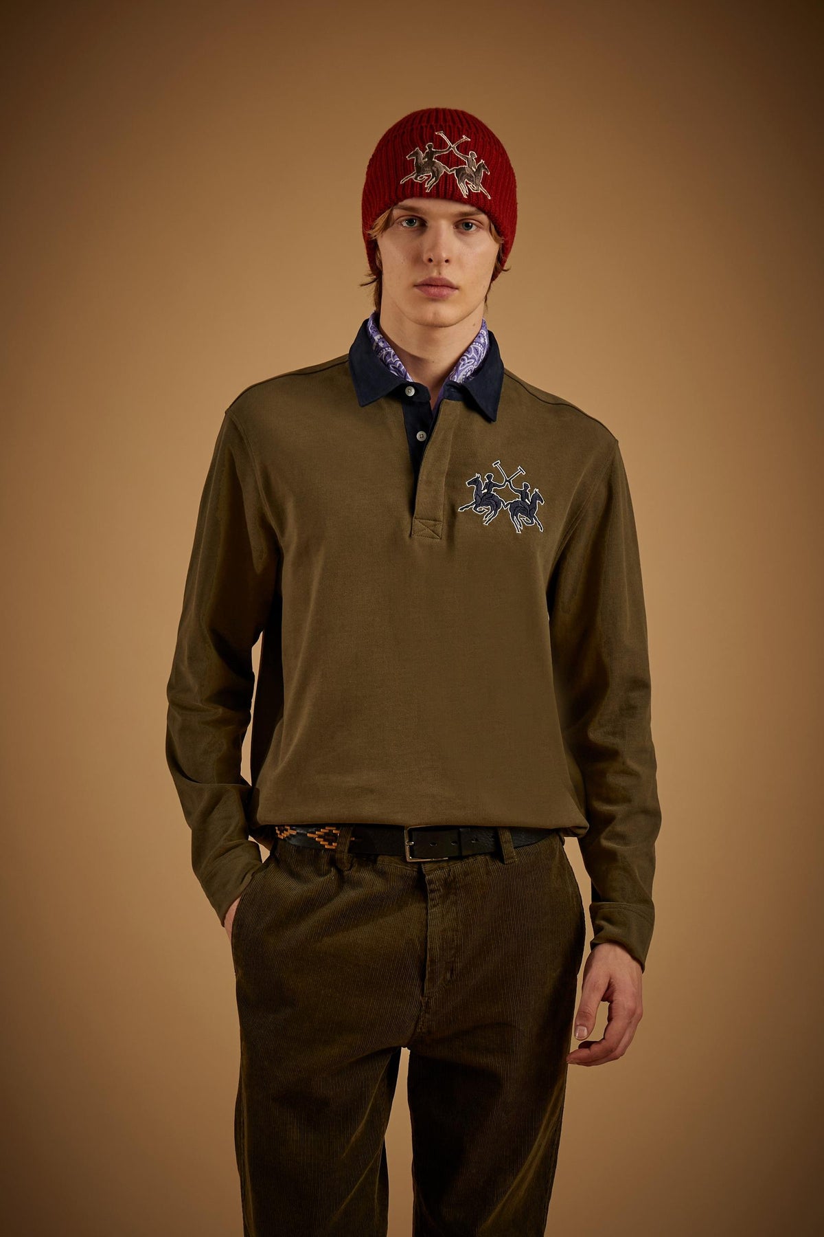 Men's long sleeve cotton jersey polo with maxi logo - Devin