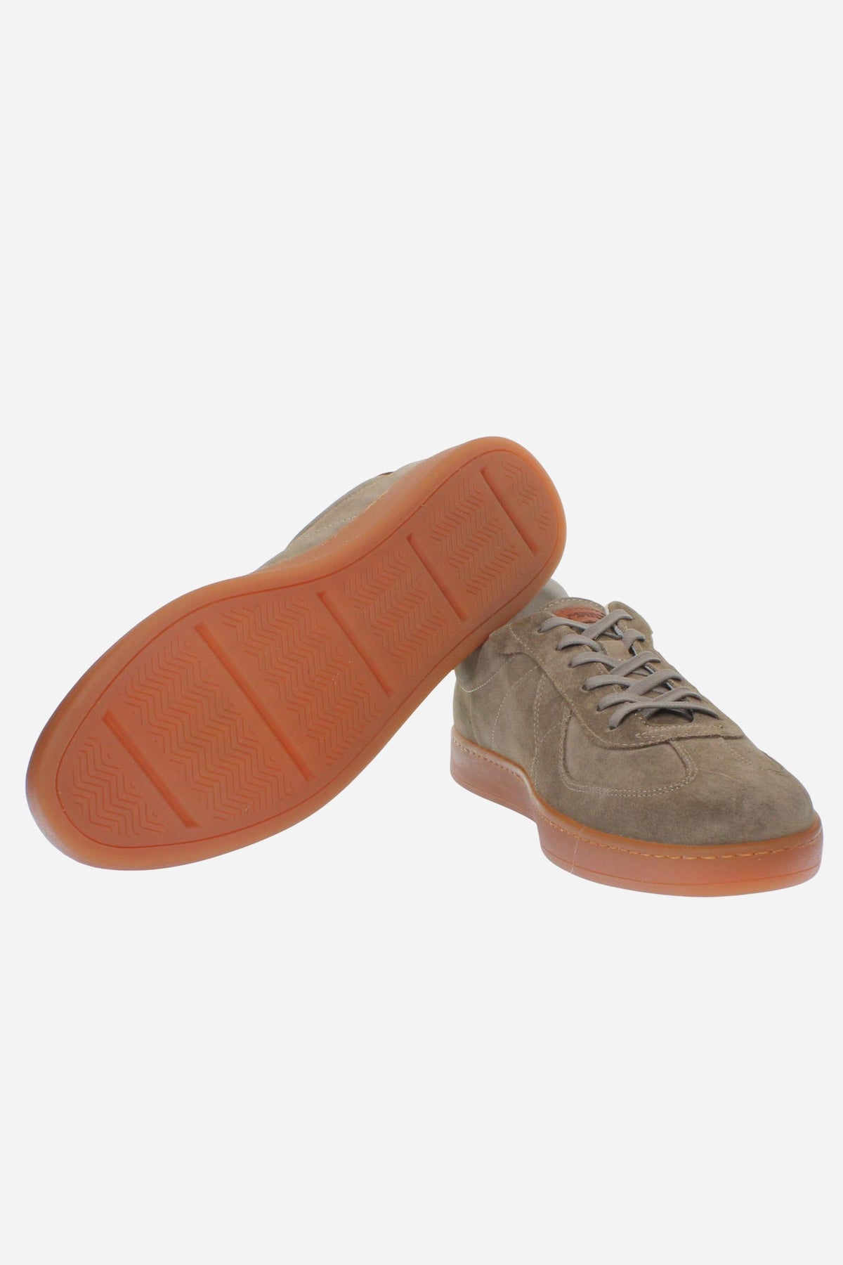 Men's sneaker in soft treated suede with flexible fit, artisanal topstitching, honey rubber sole, and Strobel construction for comfort and refined Italian craftsmanship. - Taupe Gray