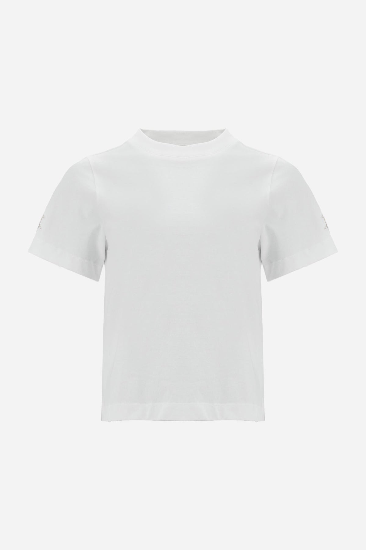 Women’s cotton jersey T-shirt with boxy fit and ribbed collar. Maxi embroidered logo on the sleeve. - Optic White