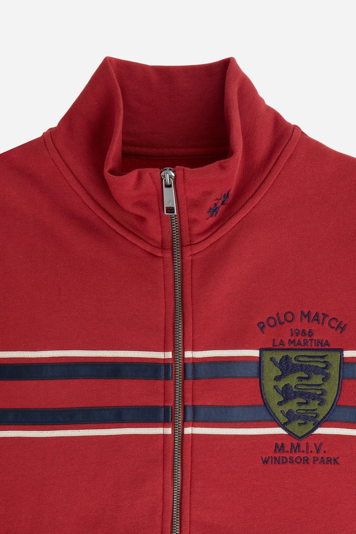 Men's long-sleeve sweatshirt in soft cotton with high double-layer collar, front zipper, ribbed cuffs, kangaroo pockets, and striking red, black, white stripes. - Red Dahlia