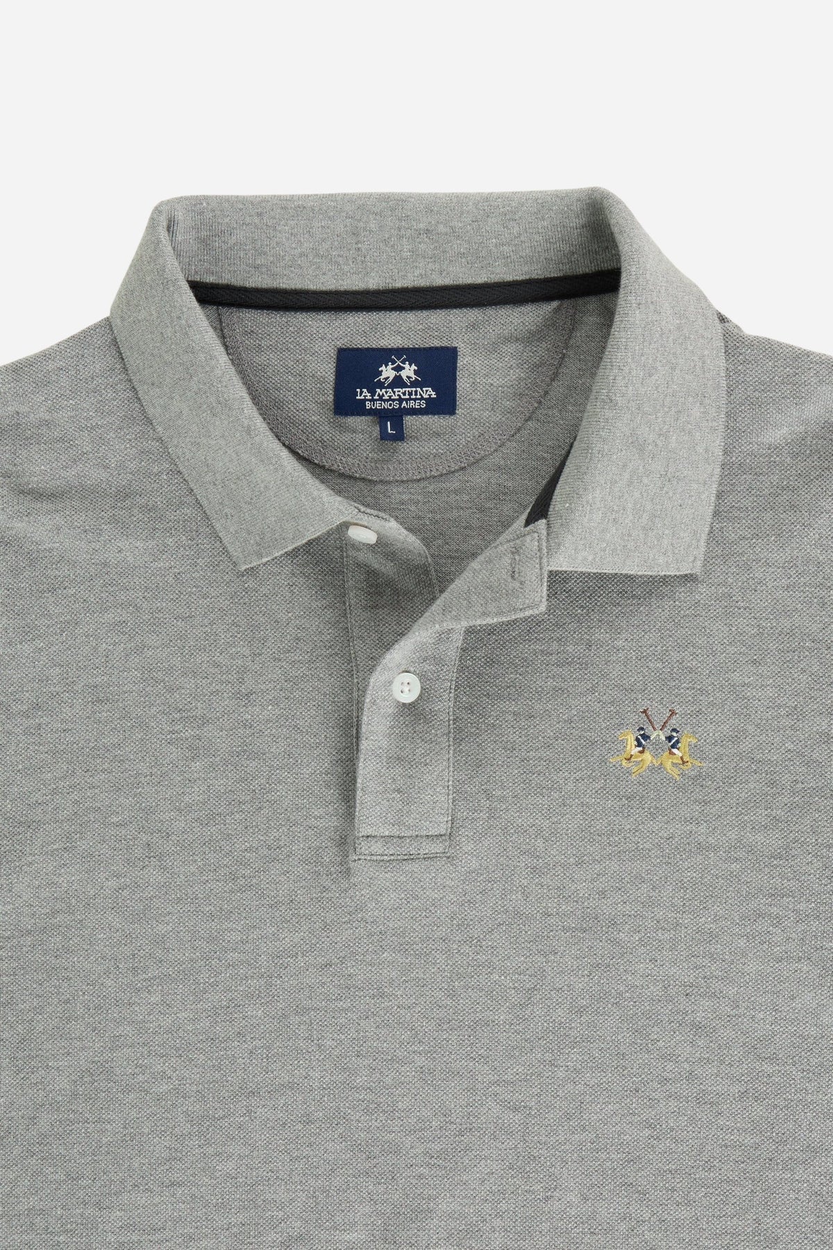 Men’s long-sleeve polo in stretch cotton piqué offers comfort, flexibility, a ribbed collar with contrasting gabardine detail, slim fit, and embroidered logo - Medium Heather Grey