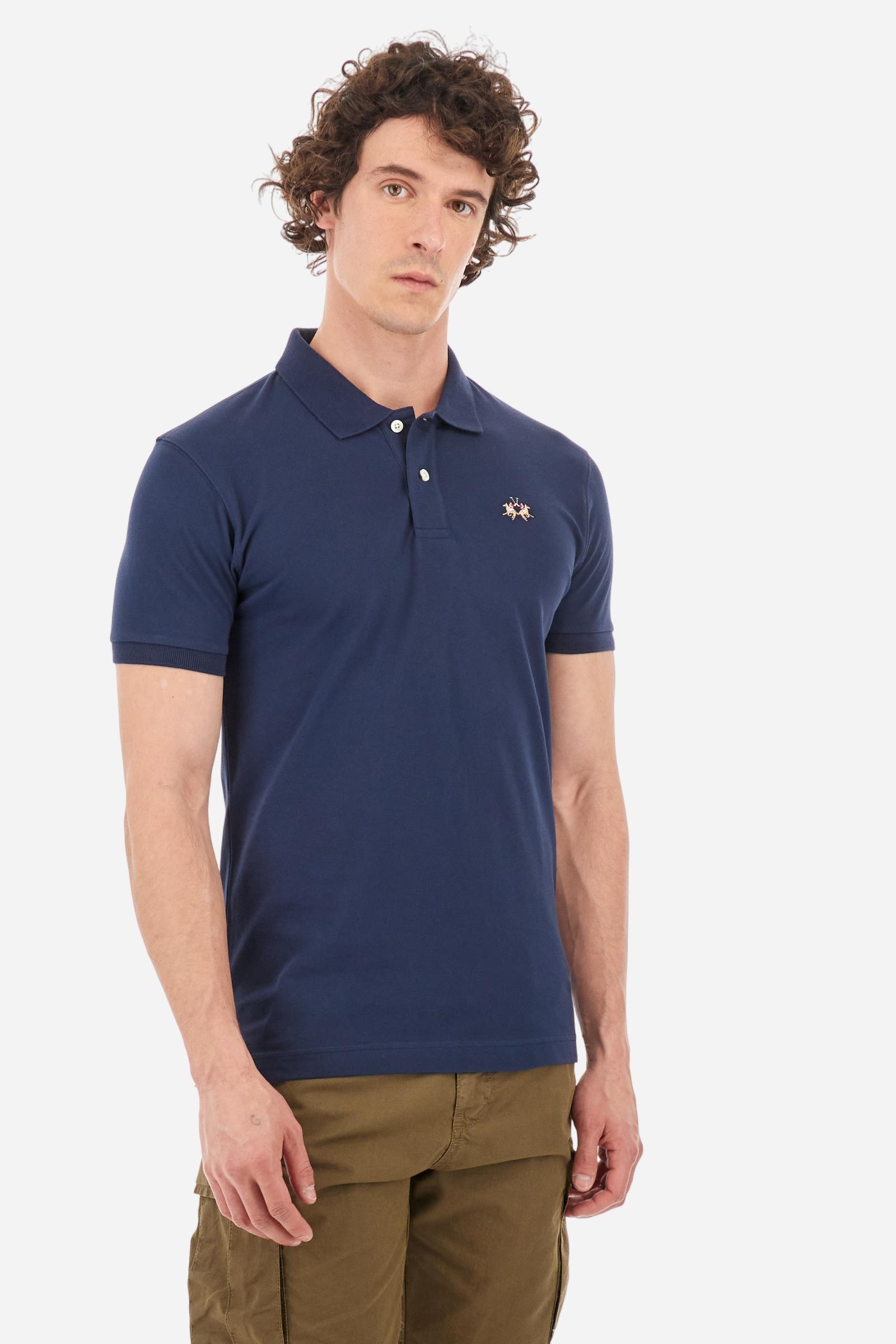 Men's short-sleeved cotton piqué polo shirt, regular fit. Classic model enriched with multicolour La Martina logo embroidered on the chest. Collar and cuffs in solid rib, undercollar in contrast twill with multicolour embroidery. Model wears size L. - Navy