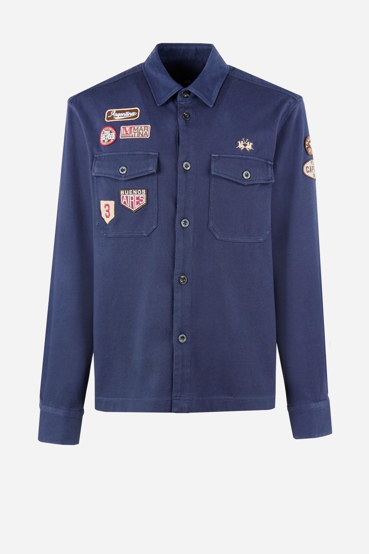 Men's long-sleeve shirt jacket in heavy cotton jersey with diamond quilting, utility flap pockets, embroidered patches, and custom faux horn buttons for a comfortable fit. - Navy Blazer