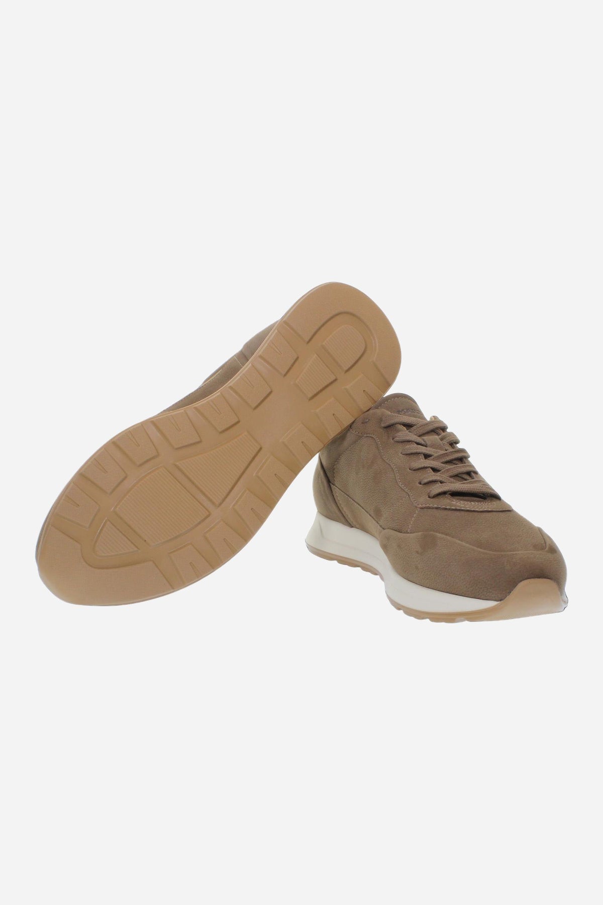 Men's nubuck sneaker with handcrafted stitching, embossed logo, leather-colored lining, and two-tone rubber PU sole for comfort and style. Made in Italy. - Camel