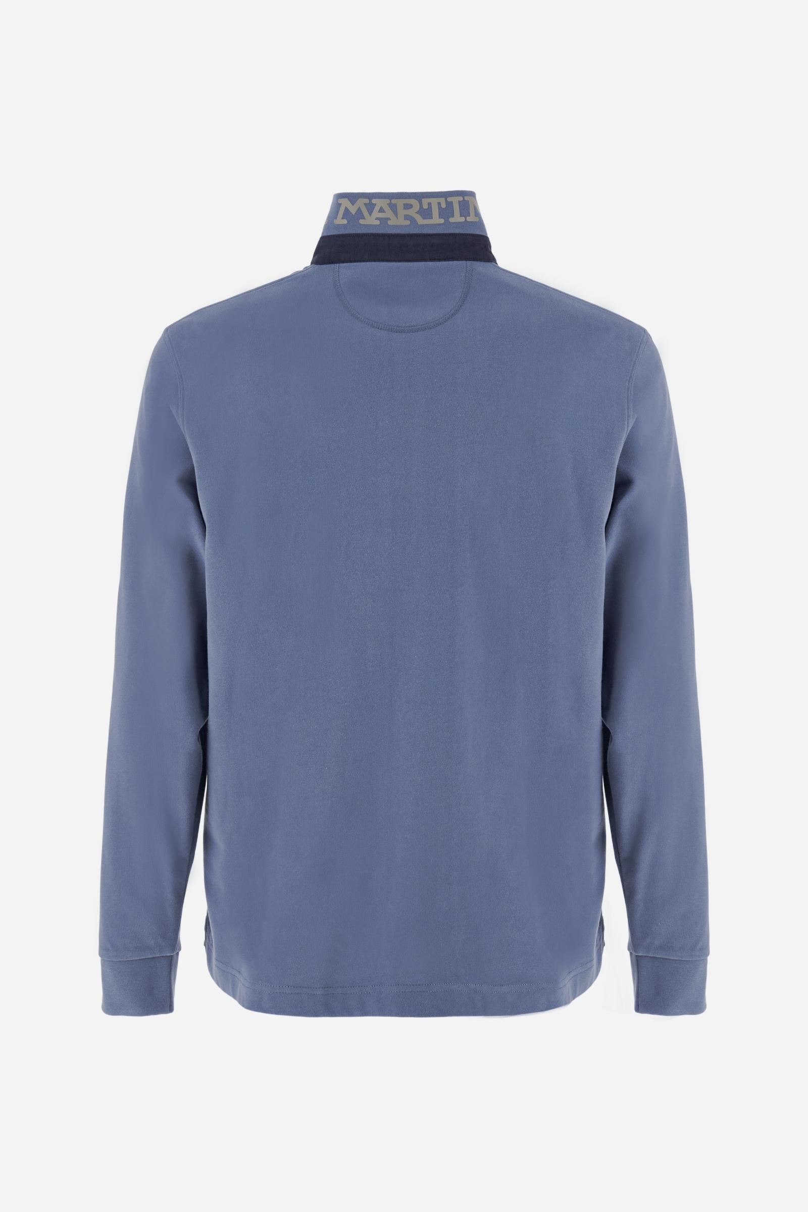 Men’s long-sleeve polo in premium soft-touch cotton jersey for a luxurious feel on the skin. Contrast gabardine details on the collar. Upper collar in tone-on-tone ribbing with printed La Martina lettering undercollar. Three customized buttons, enhanced by a multicolor striped tape on the placket. Contrast embroidered team logo on the chest. Regular fit. Model wears size L. - Flint Stone