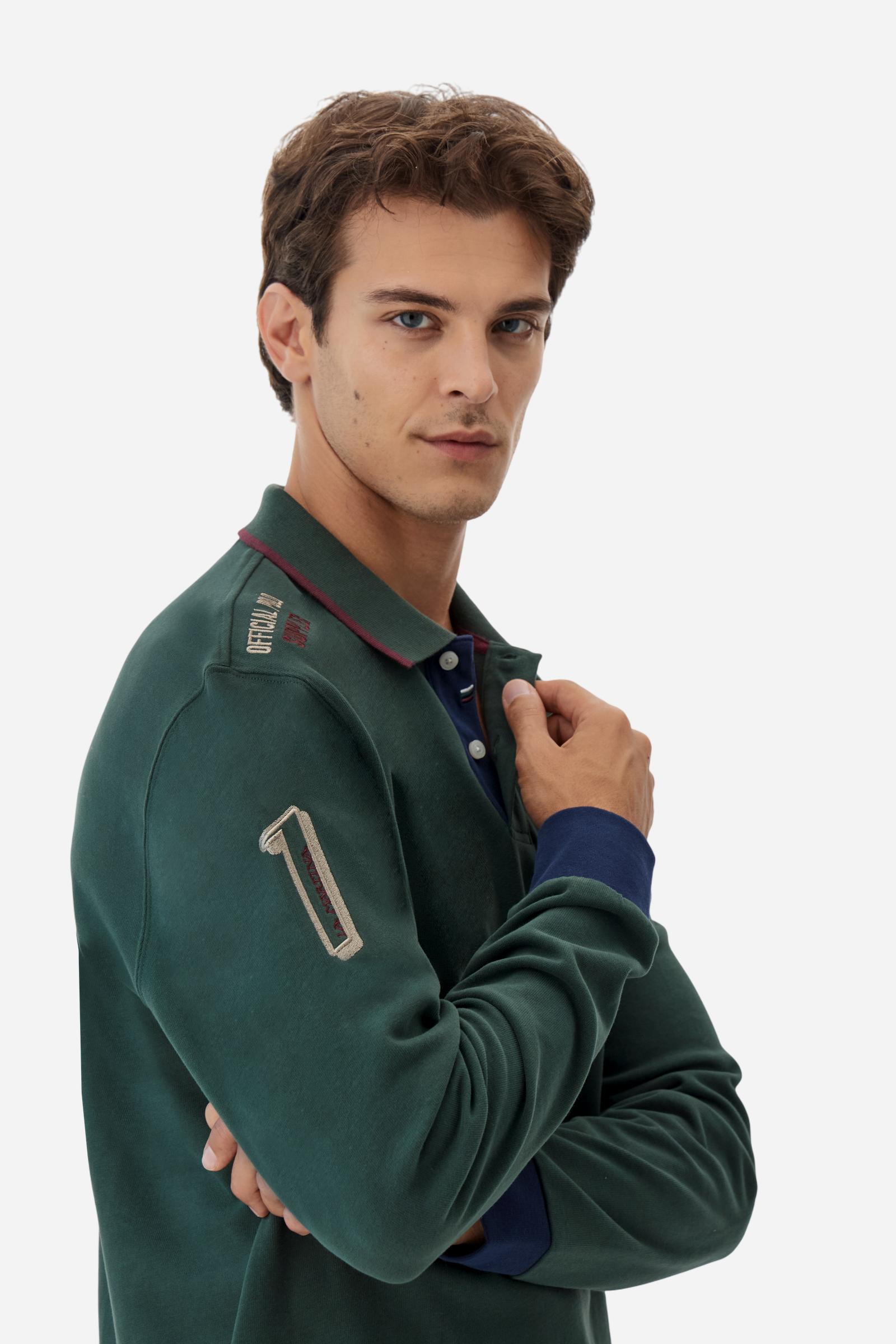 Men’s long-sleeve polo shirt in solid-colour cotton jersey with a warm, matte handfeel. Ribbed collar and cuffs with stripes and colour blocks in contrast, two personalised buttons and contrast details inside the collar. Patches and graphics on sleeves and chest celebrate the Official Polo Supplier team. The large multicolour logo is embroidered on the chest. Regular fit. The model wears size L. - Sycamore