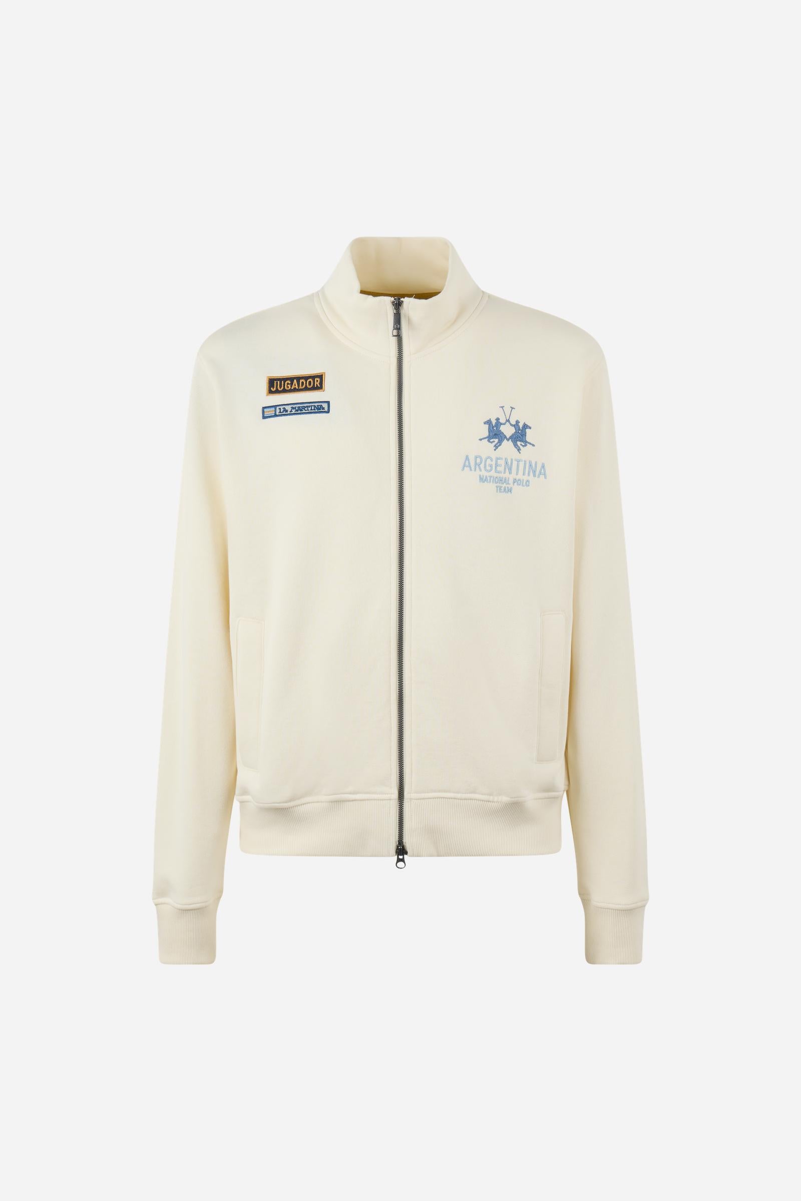 Men's long-sleeve sweatshirt in brushed cotton fleece with high collar, double-slider zipper, ribbed cuffs, embroidered Argentina Polo Team graphic, and side pockets. - Pristine