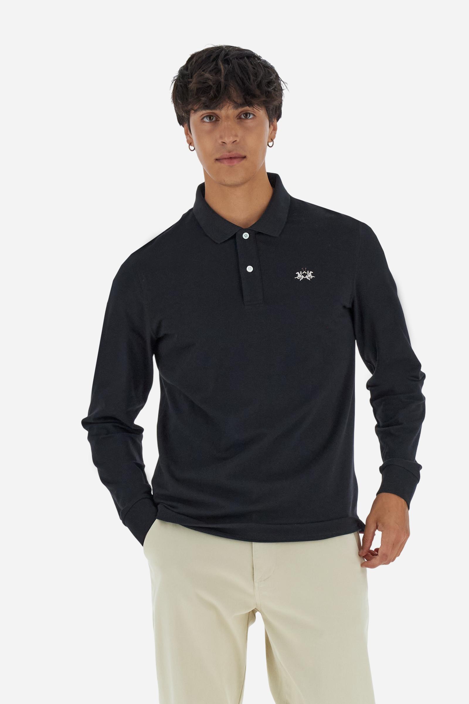 Men’s long-sleeve polo in high-quality stretch cotton piqué for comfort and flexibility. Tone-on-tone ribbed collar with contrast gabardine undercollar embroidered with the brand’s iconic lettering, revealed when the collar is lifted. Contrast embroidered logo on the chest. Slim fit, offering a modern silhouette that enhances the body while ensuring freedom of movement. Model wears size L. - Black