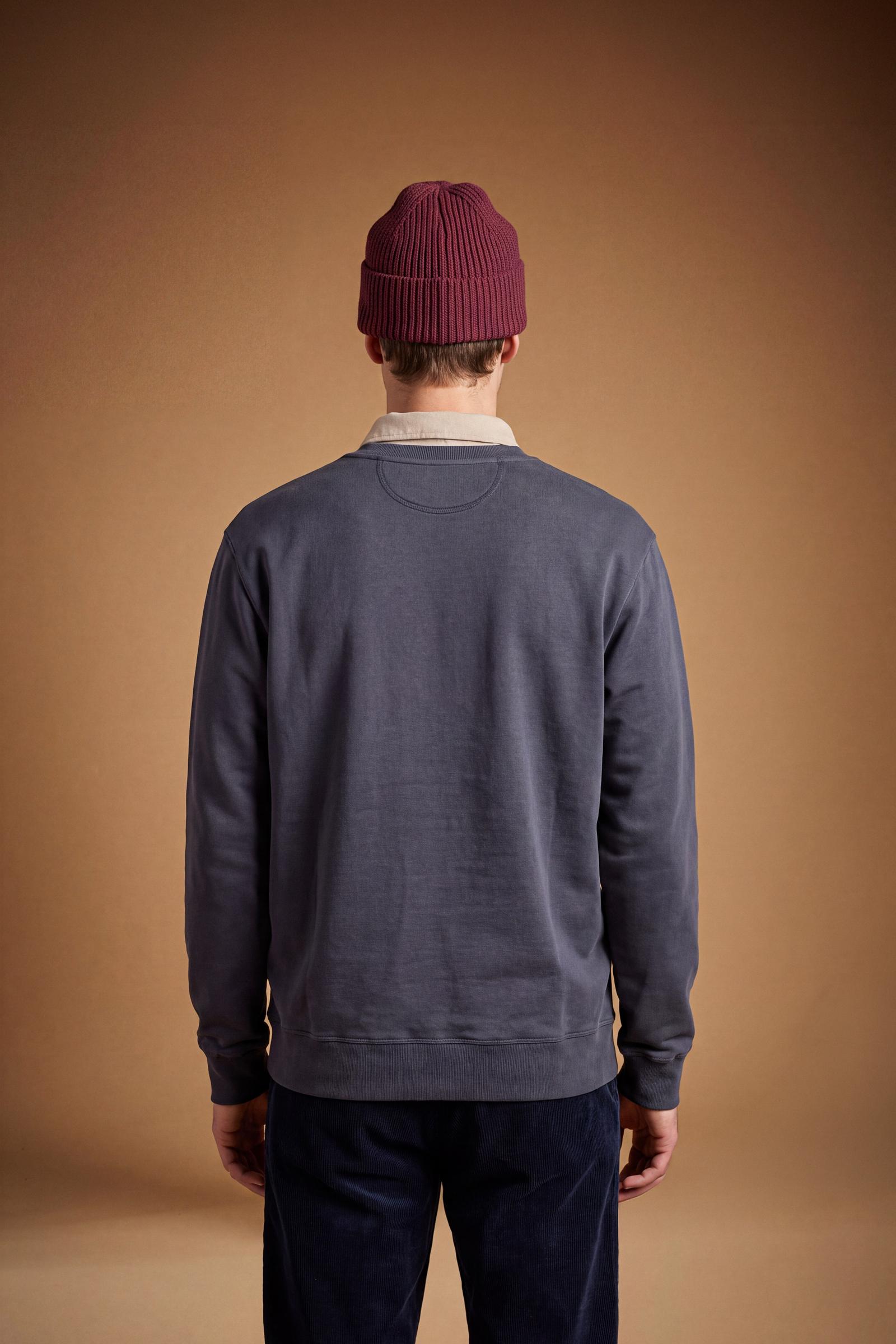 Men’s long-sleeve sweatshirt in soft 100% cotton with ribbed collar, cuffs, and hem. Relaxed fit with dropped shoulders and bold polo-inspired front print. - Navy Blazer