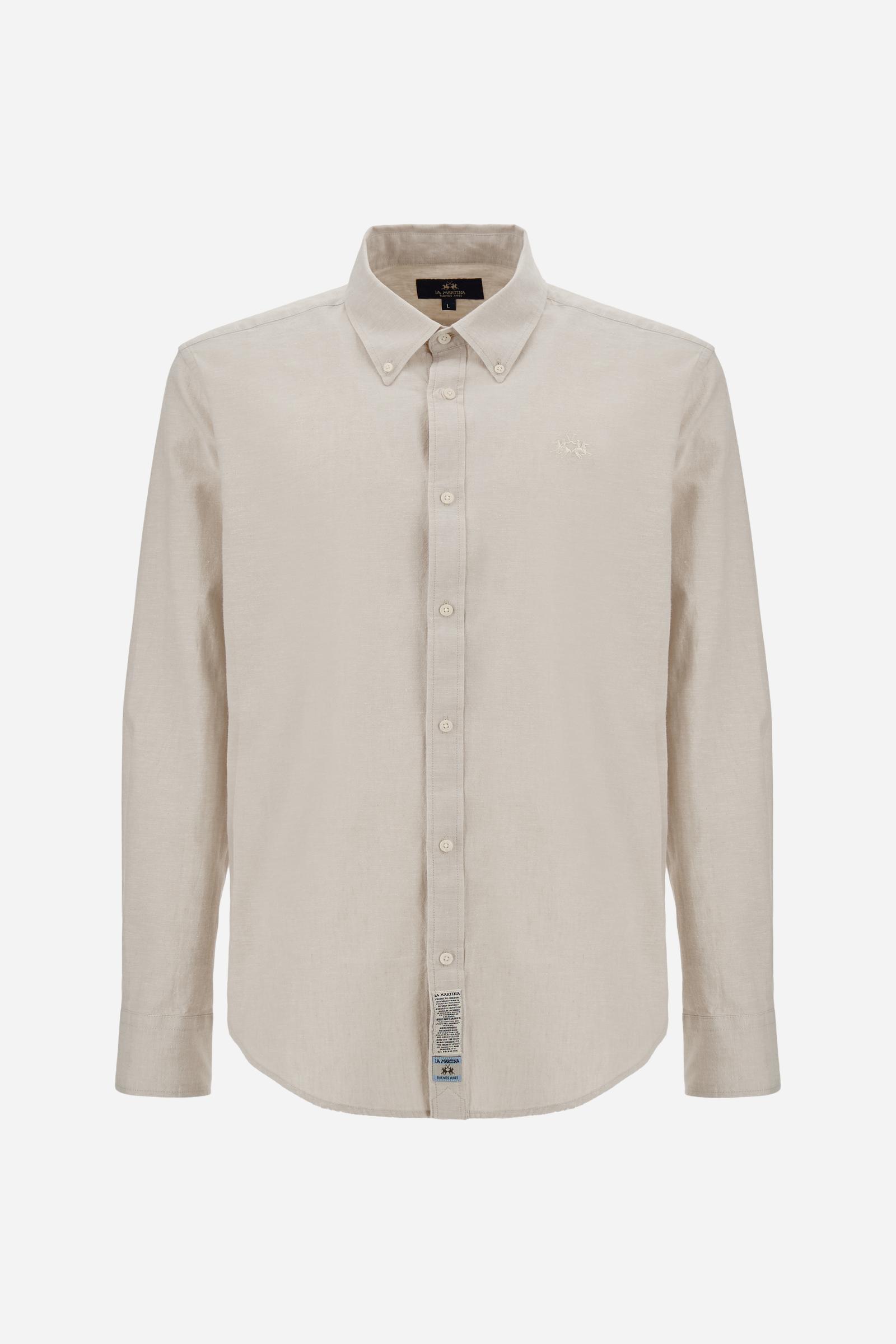 Men’s cotton and linen shirt with regular fit and French collar. Tone-on-tone embroidered logo and visible button placket. - Rainy Day                                                                                                                                                                                                                                                                                                                                                                                          