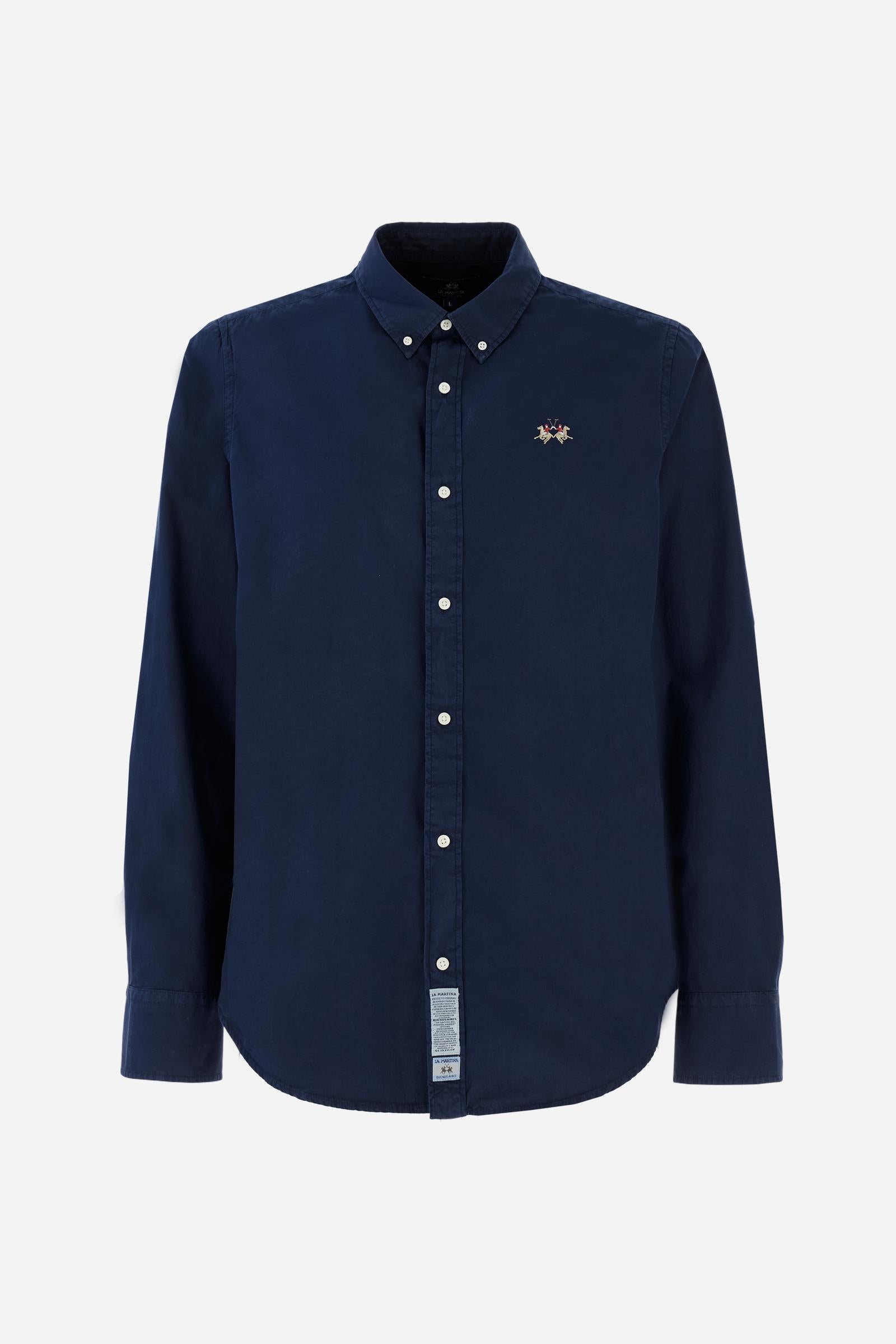 Men's long-sleeved shirt in cotton poplin. Slim fit with button-down collar. - Navy