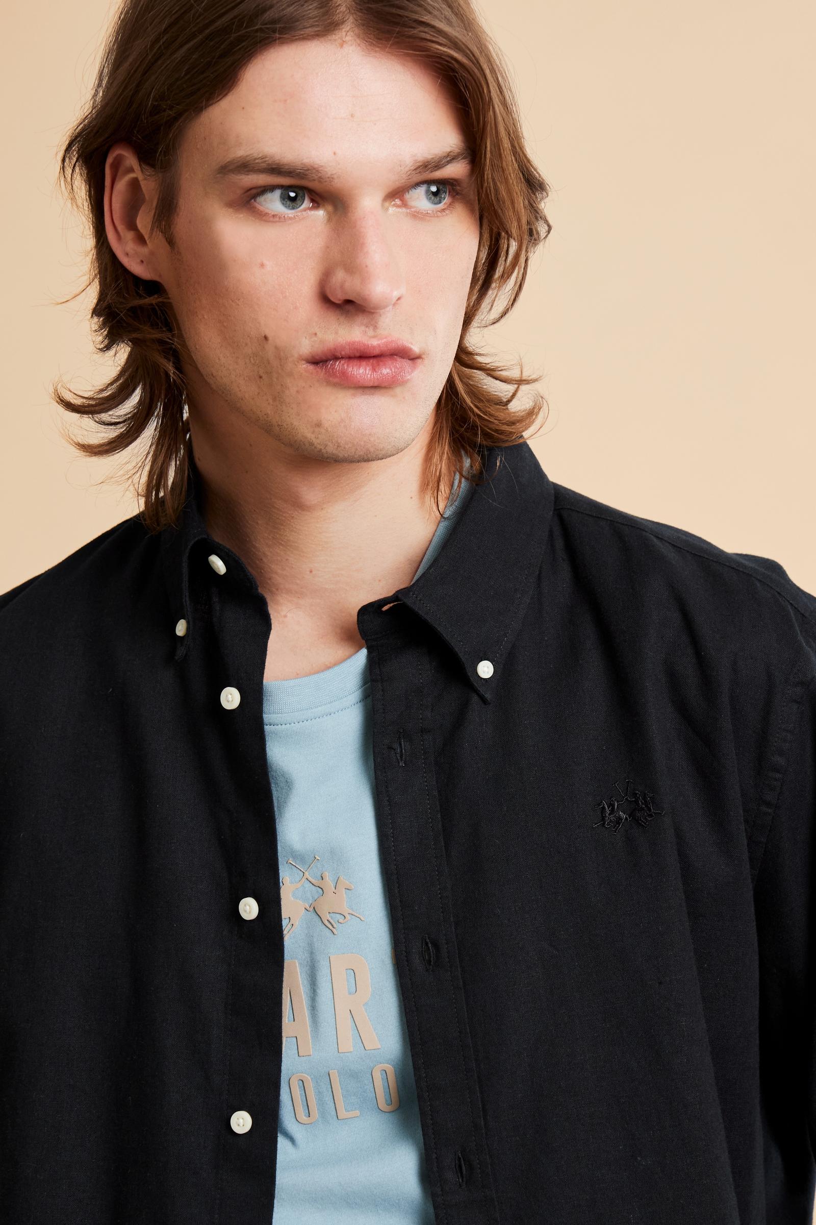 Men’s cotton and linen shirt with regular fit and French collar. Tone-on-tone embroidered logo and visible button placket. - Black                                                                                                                                                                                                                                                                                                                                                                                              