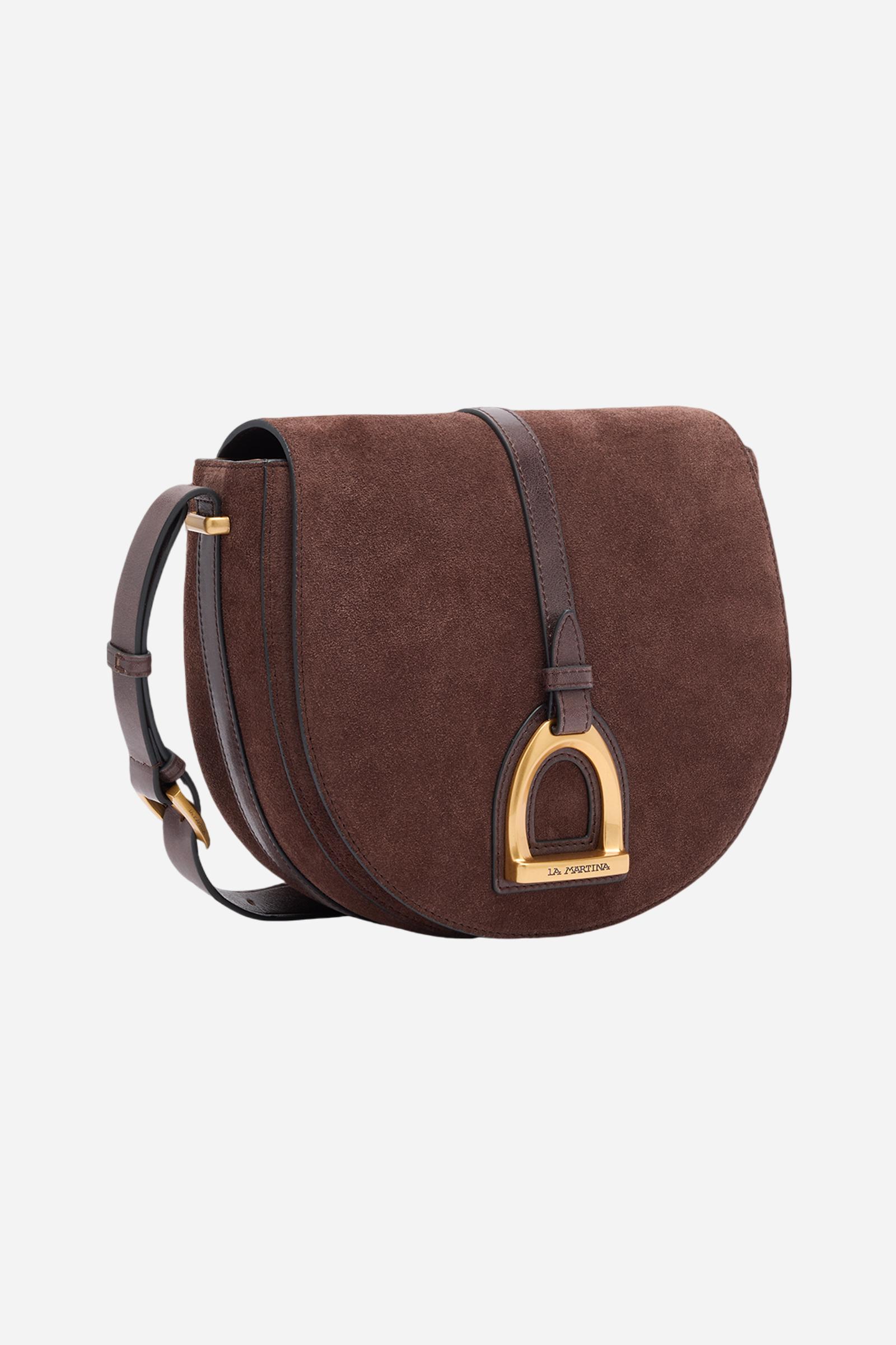 Crossbody bag in suede with leather details, with curved and refined design. The front flap, closed with a hidden magnet, is decorated with a large golden logo buckle and contrasting leather details. The adjustable strap is made of leather. Dimensions:19 x 16 x 6 - D.BROWN/D.CHOCOLATE