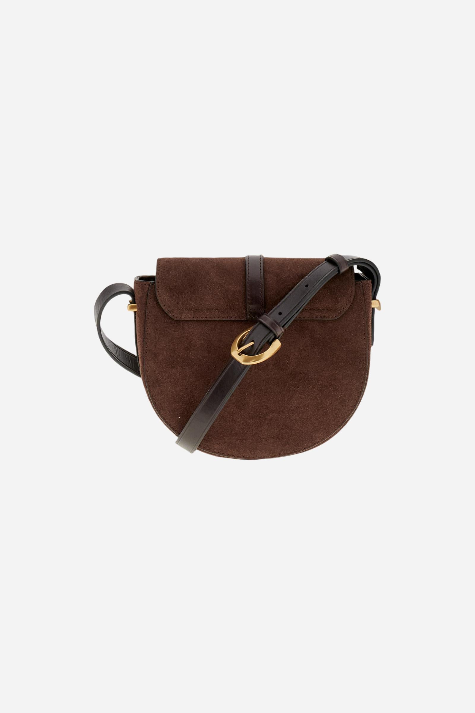 Curved-design suede crossbody bag with front flap. Enhanced with a large gold-tone metal buckle and contrasting leather details. - D.BROWN/D.CHOCOLATE                                                                                                                                                                                                                                                                                                                                                                          