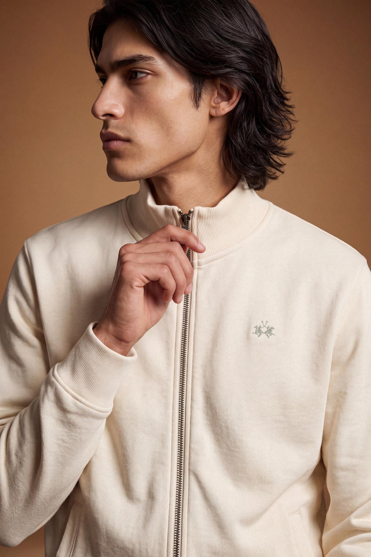Men's 100% cotton fleece sweatshirt with a high collar, customized zipper, ribbed cuffs and hem, regular fit, and a subtle embroidered logo for comfort and style. - Pristine