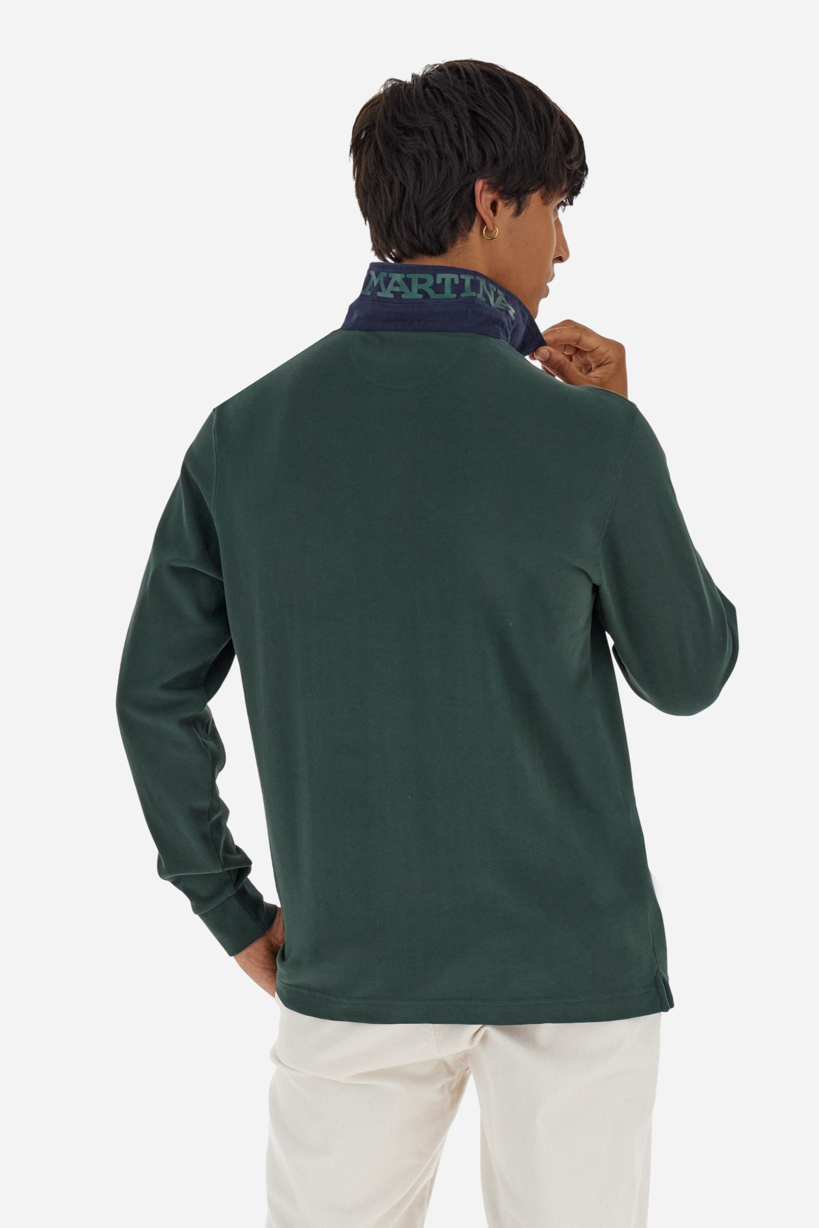 Classic men’s long-sleeve polo in soft-touch 100% cotton jersey. Contrast gabardine collar, three-button placket with multicolor striped tape. Iconic La Martina lettering printed in contrast under the collar. Small contrast logo embroidered on the chest. Regular fit for a balanced silhouette. Model wears size L. - Sycamore