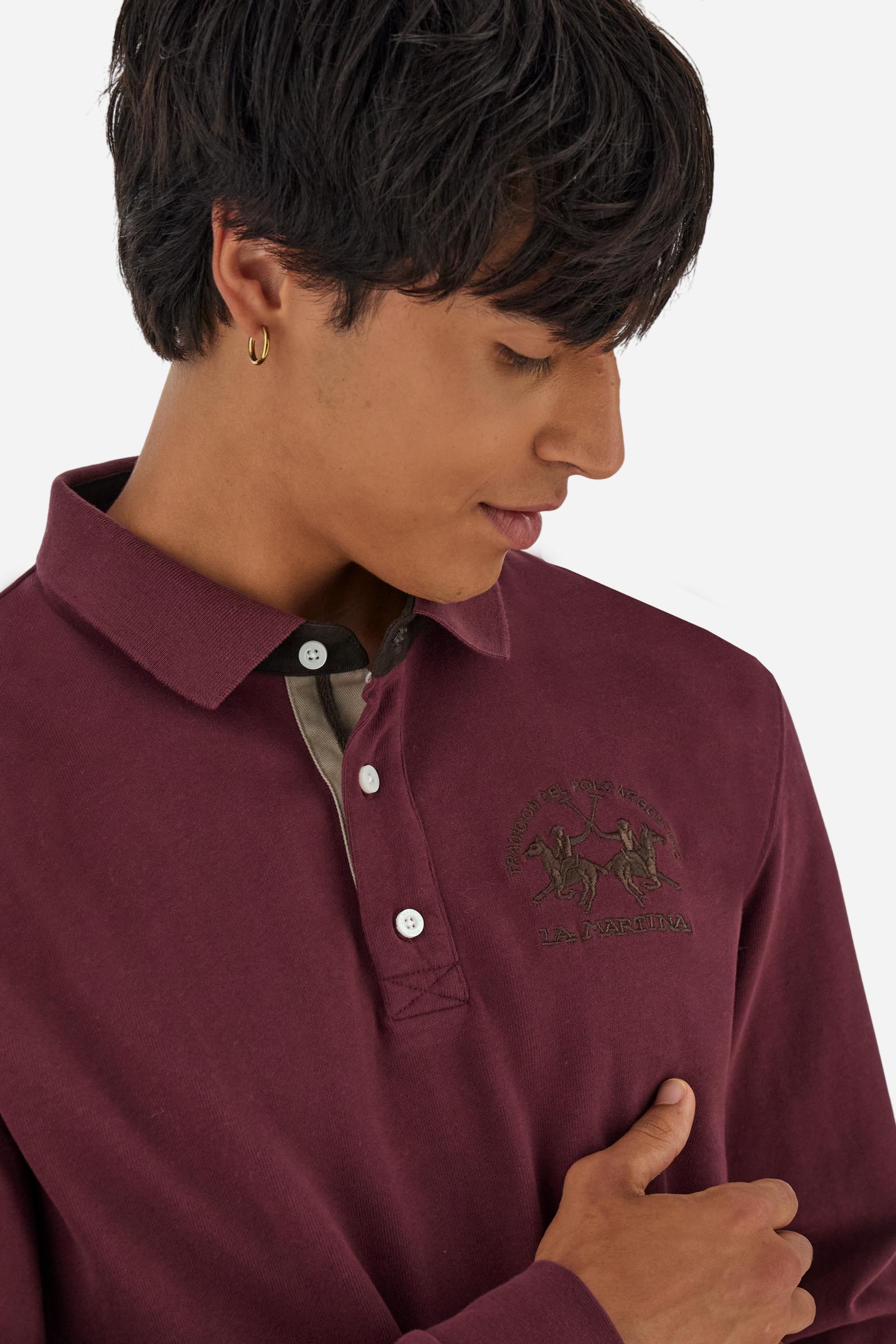 Men’s long-sleeve polo in premium soft-touch cotton jersey for a luxurious feel on the skin. Contrast gabardine details on the collar. Upper collar in tone-on-tone ribbing with printed La Martina lettering undercollar. Three customized buttons, enhanced by a multicolor striped tape on the placket. Contrast embroidered team logo on the chest. Regular fit. Model wears size L. - Port Royale