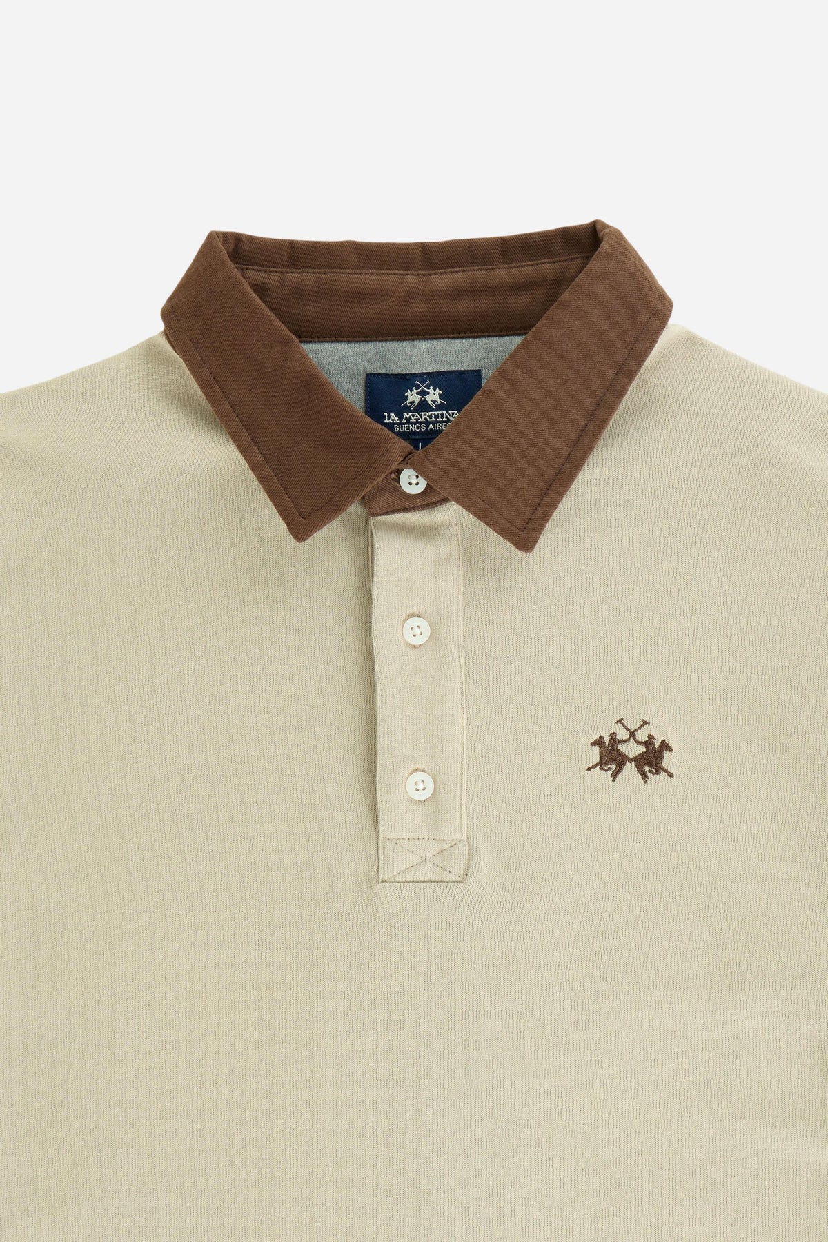 Men's long-sleeve polo made from heavy cotton jersey with ribbed cuffs, contrasting gabardine collar, embroidered logo, and a comfortable regular fit. - Vintage Khaki