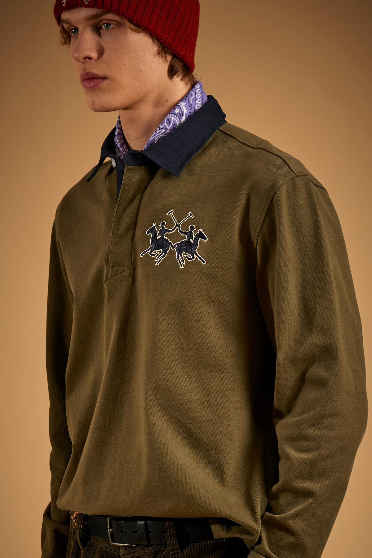 Men's long sleeve cotton jersey polo with maxi logo - Devin