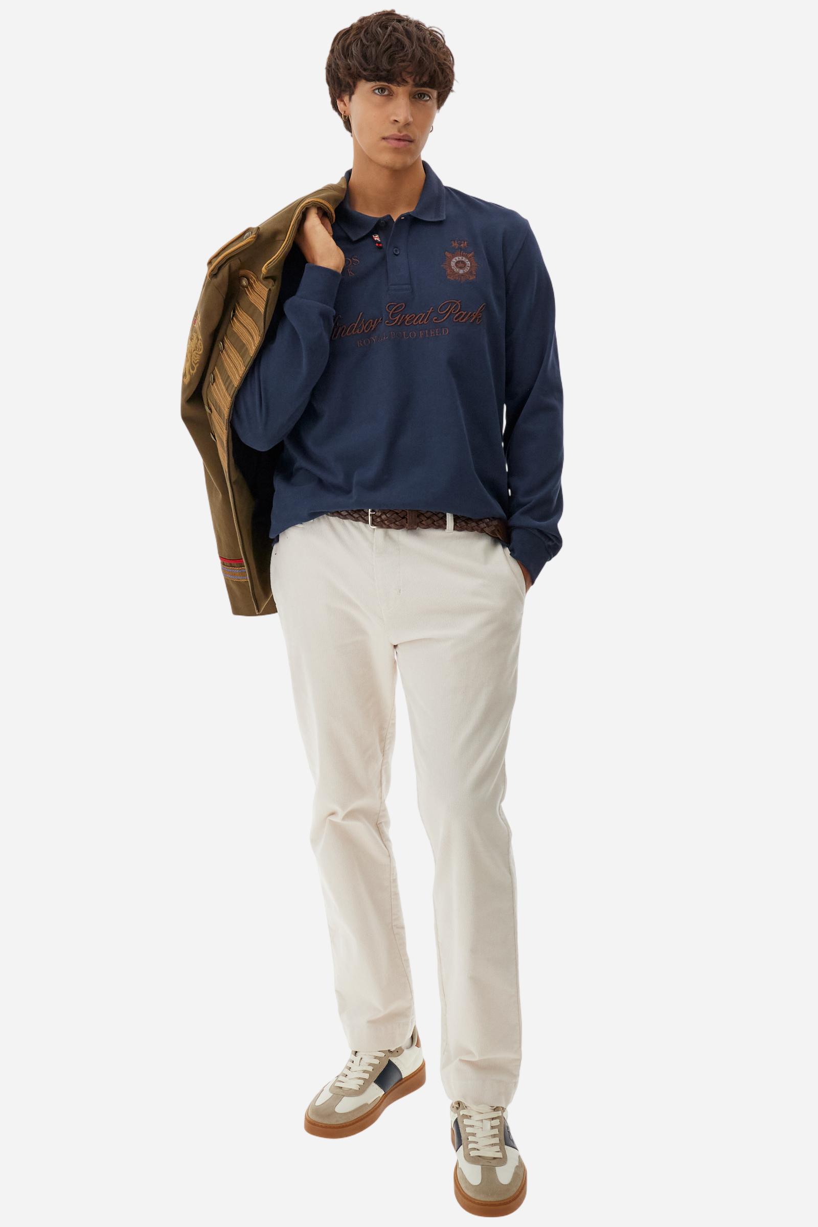 Men’s long-sleeve polo in warm cotton jersey, with contrast collar and Guards graphics. - Navy