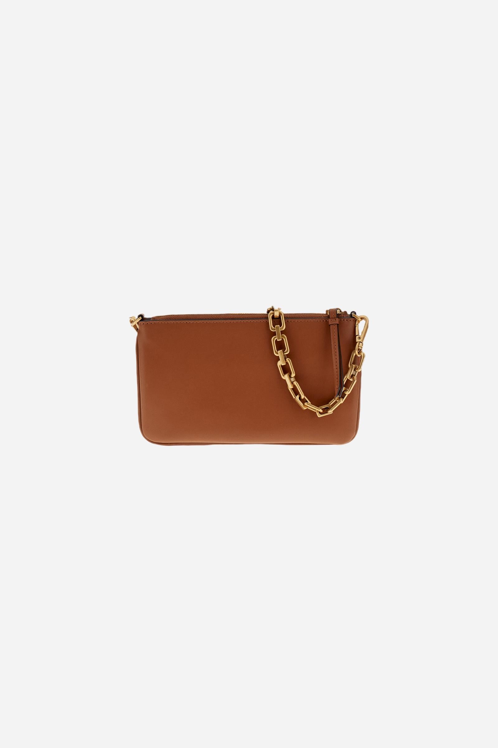 Calf leather pouch with shoulder strap, gold-tone metal details and braided cord for an elegant, distinctive touch. - COGNAC