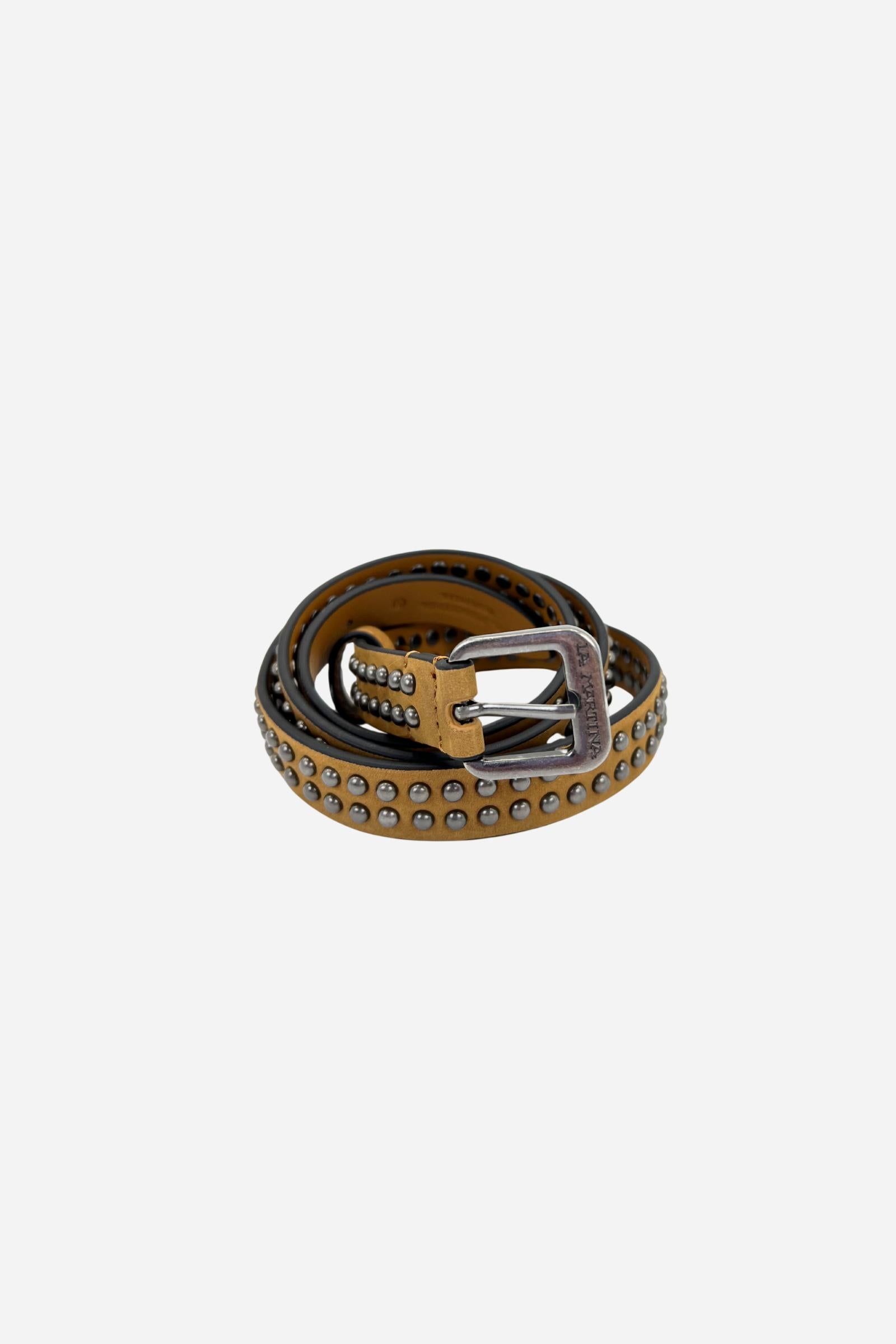 Women’s 4 cm nubuck belt with pebbled texture, double row of burnished metal studs, and a bold vintage-finish square buckle with engraved logo. - Bran
