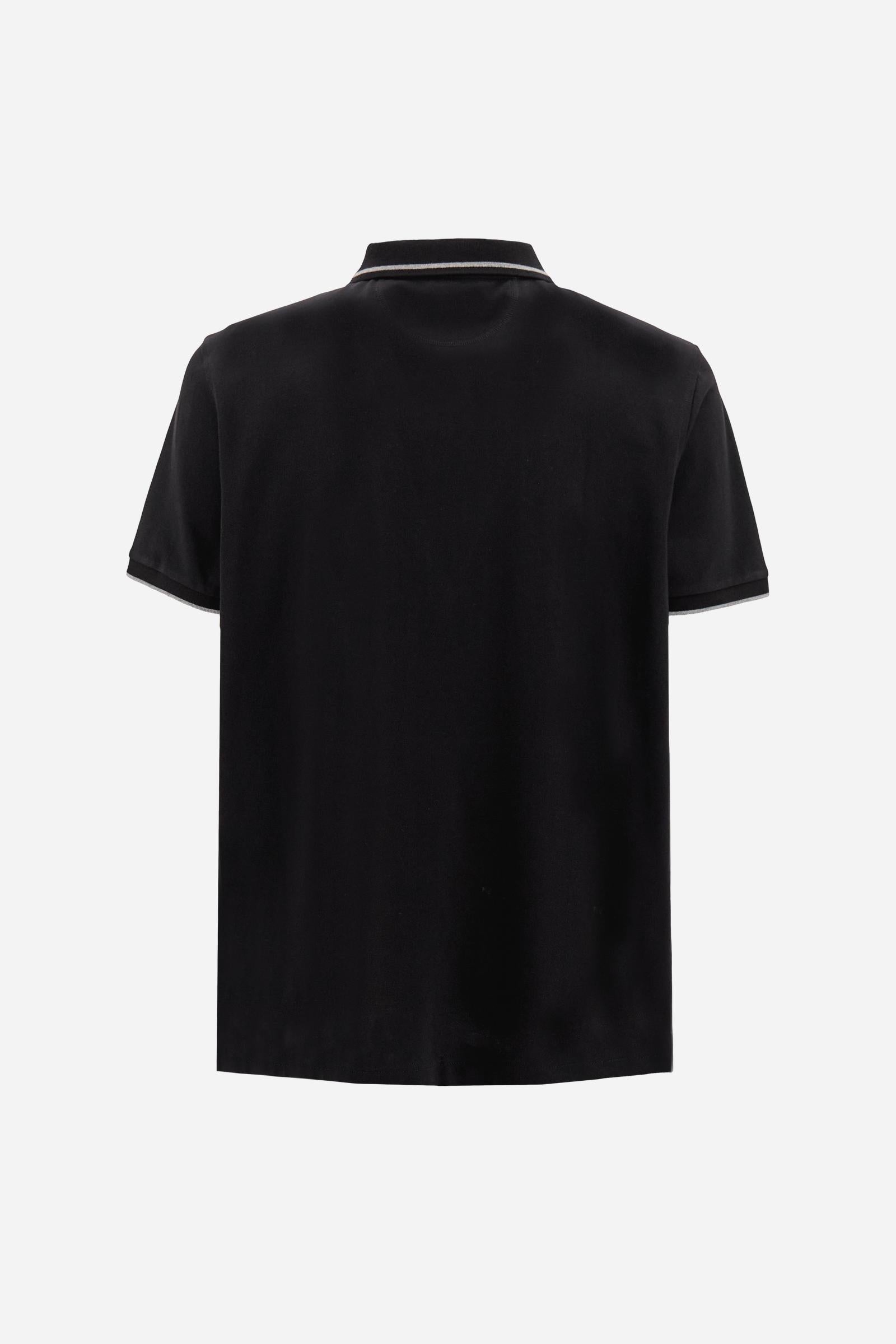 Men's short-sleeve polo in stretch piqué fabric with ribbed details, embroidered logo, bold lettering, and a relaxed regular fit for versatile comfort. - Black