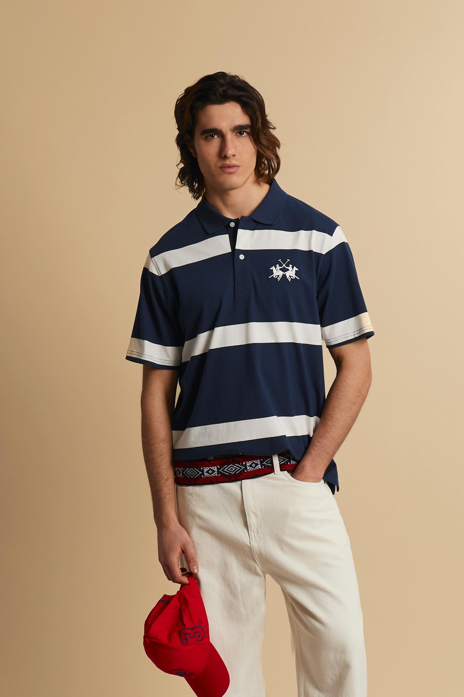 Men’s short-sleeved heavy cotton jersey polo shirt with maxi stripes - Claud