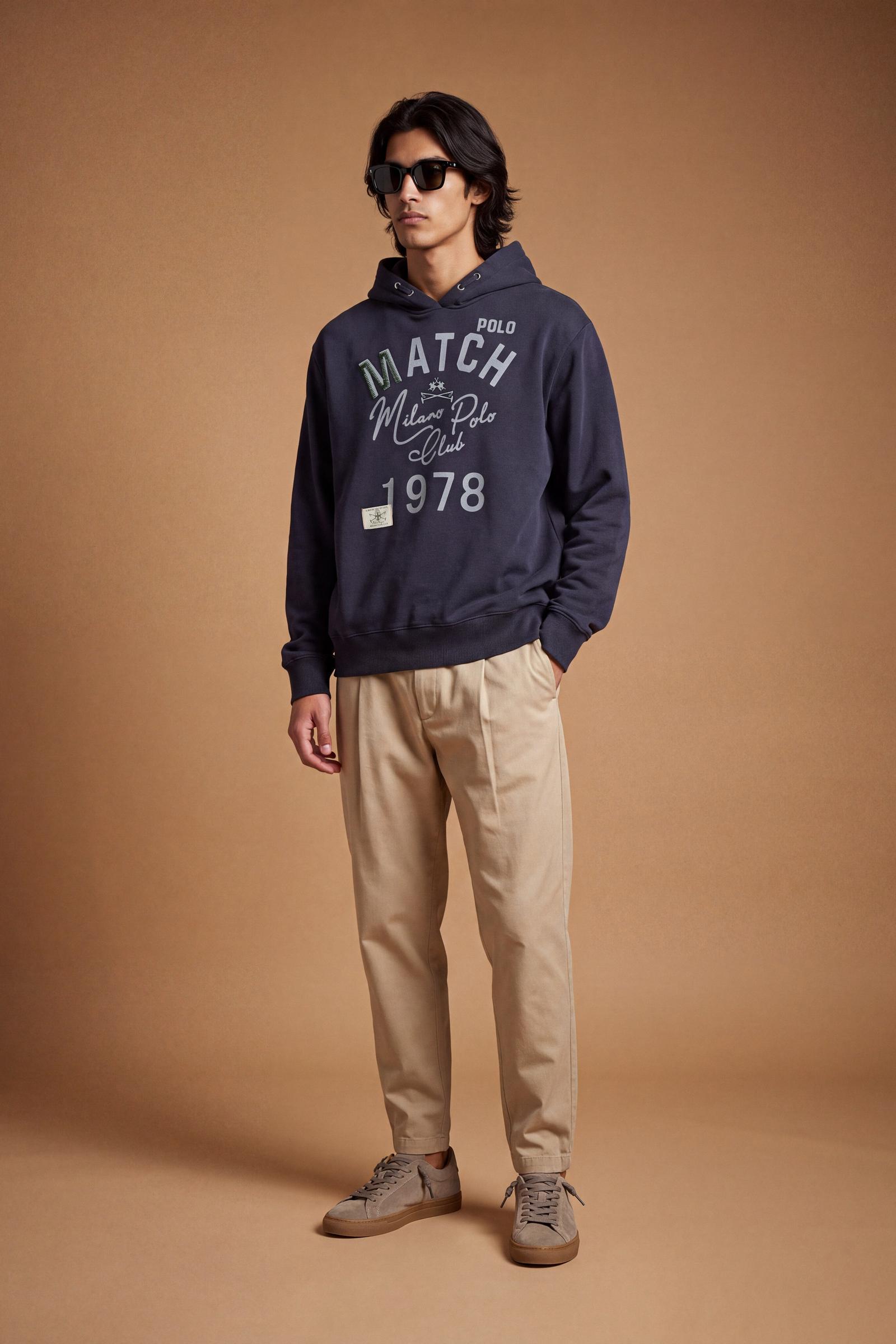 Men’s long-sleeve sweatshirt in soft brushed cotton with adjustable hood, relaxed fit, ribbed cuffs, and a textured vintage graphic for a stylish, comfortable look. - Navy Blazer
