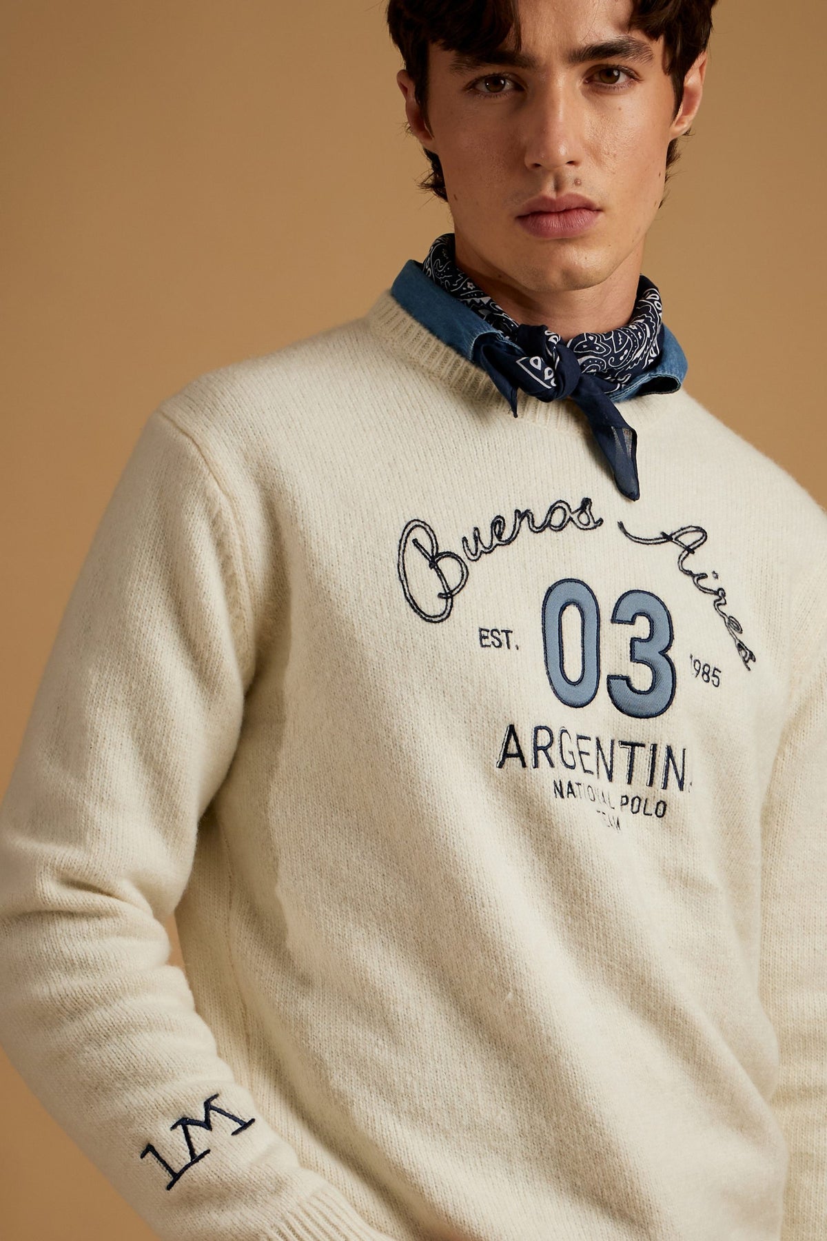 Men's crew neck sweater with alpaca blend, striped Argentina - Elmer