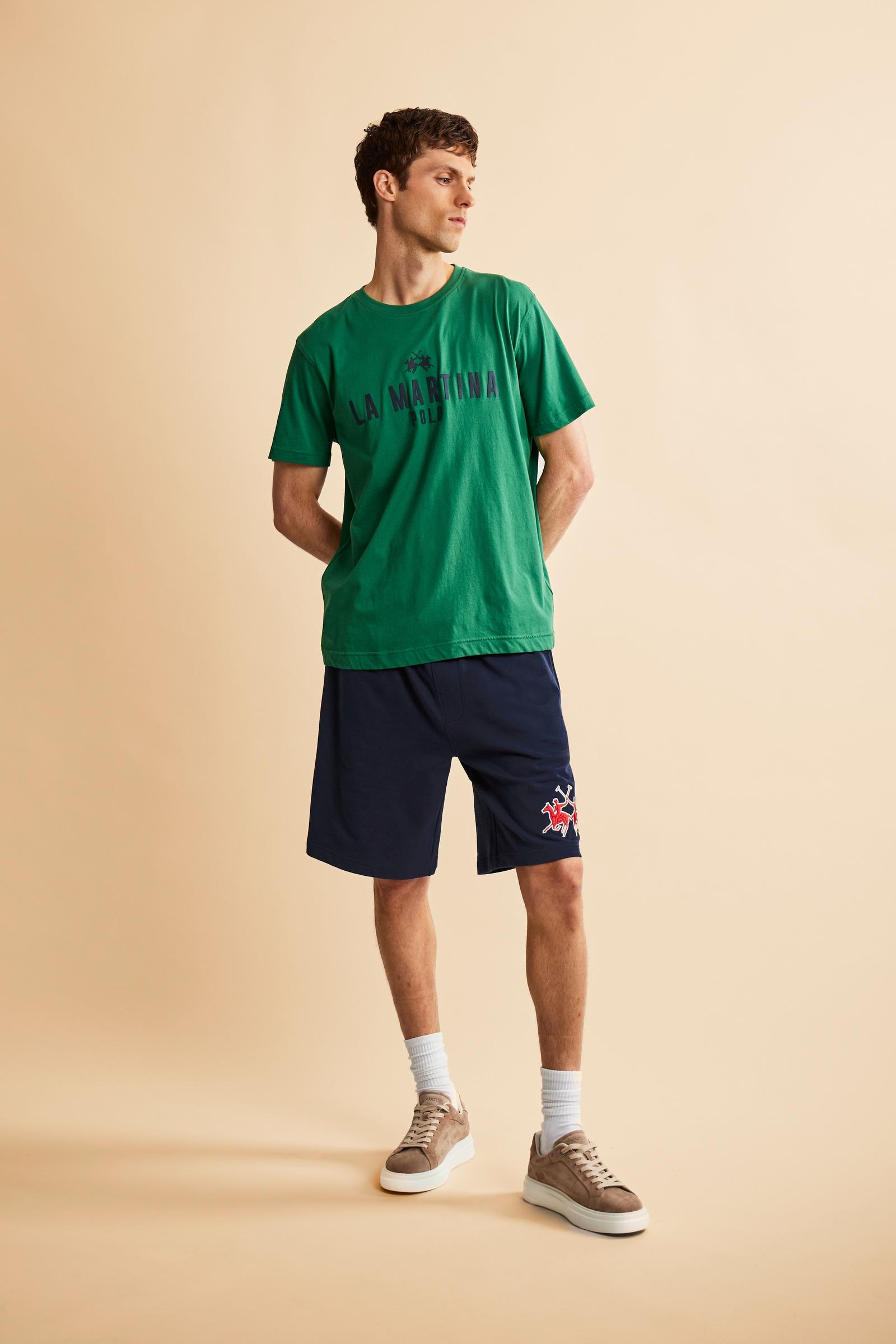 Men's bermuda shorts in soft 100% cotton fleece with a relaxed cut, elastic waistband, adjustable drawstring, and 3D embroidered maxi logo for comfort and style - Navy