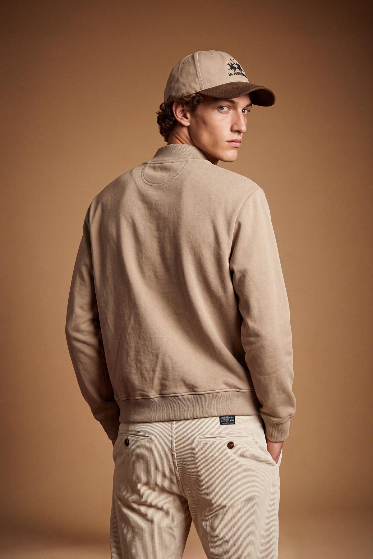 Men's 100% cotton fleece sweatshirt with a high collar, customized zipper, ribbed cuffs and hem, regular fit, and a subtle embroidered logo for comfort and style. - Vintage Khaki