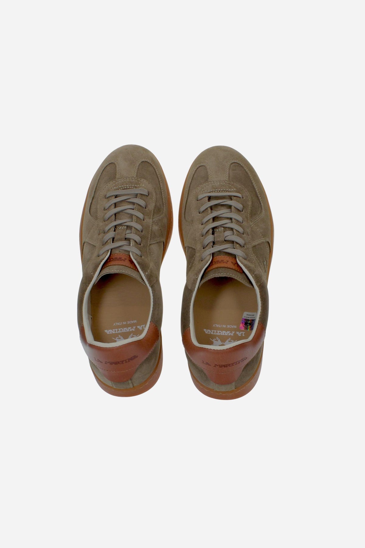Men's sneaker in soft treated suede with flexible fit, artisanal topstitching, honey rubber sole, and Strobel construction for comfort and refined Italian craftsmanship. - Taupe Gray
