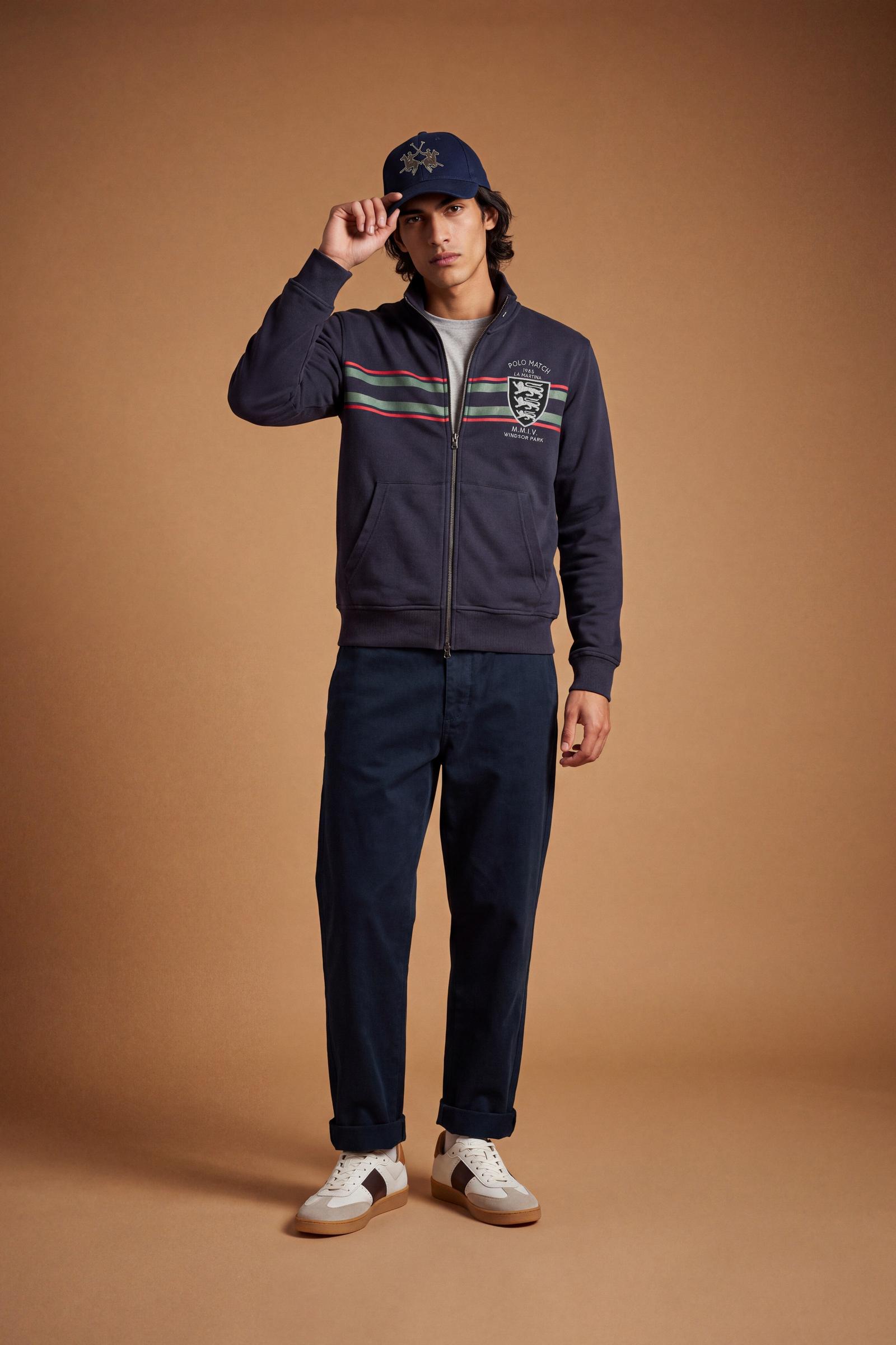 Men's long-sleeve sweatshirt in soft cotton with high double-layer collar, front zipper, ribbed cuffs, kangaroo pockets, and striking red, black, white stripes. - Navy Blazer