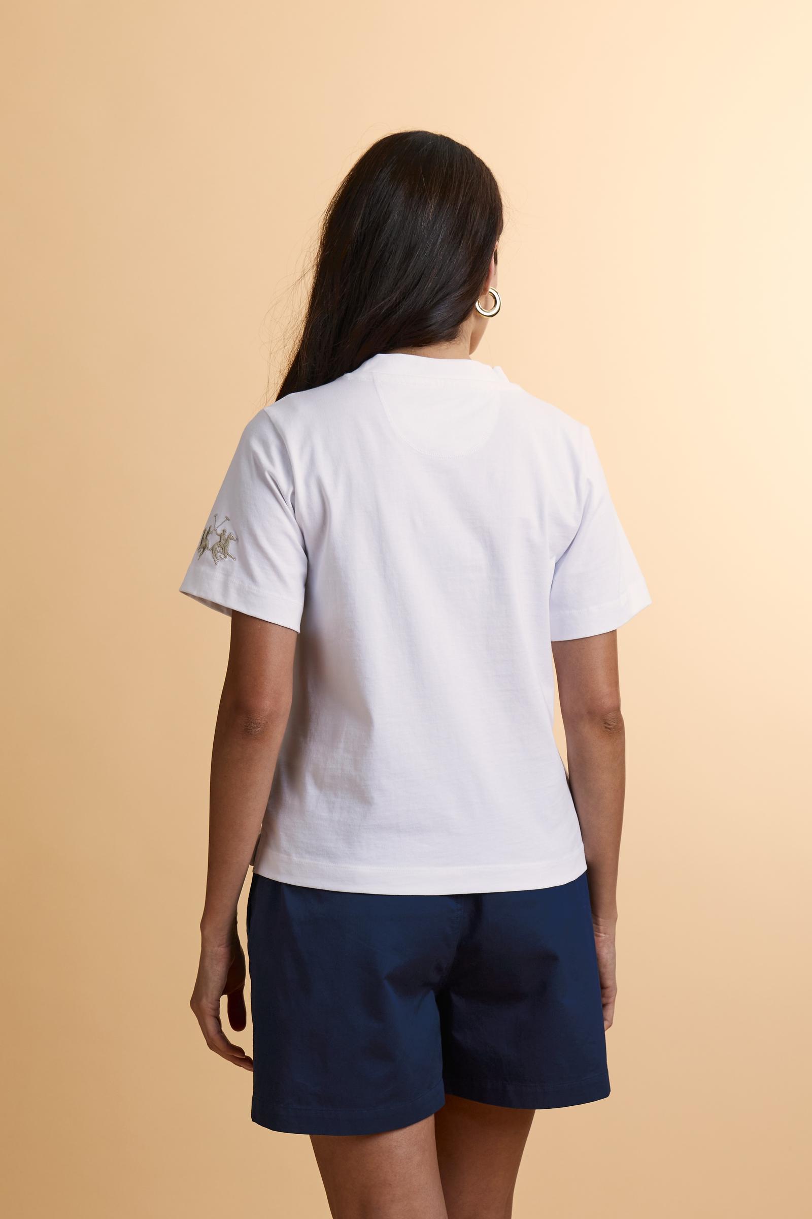 T-shirt donna girocollo in jersey di cotone con maxi logo manica - Corina