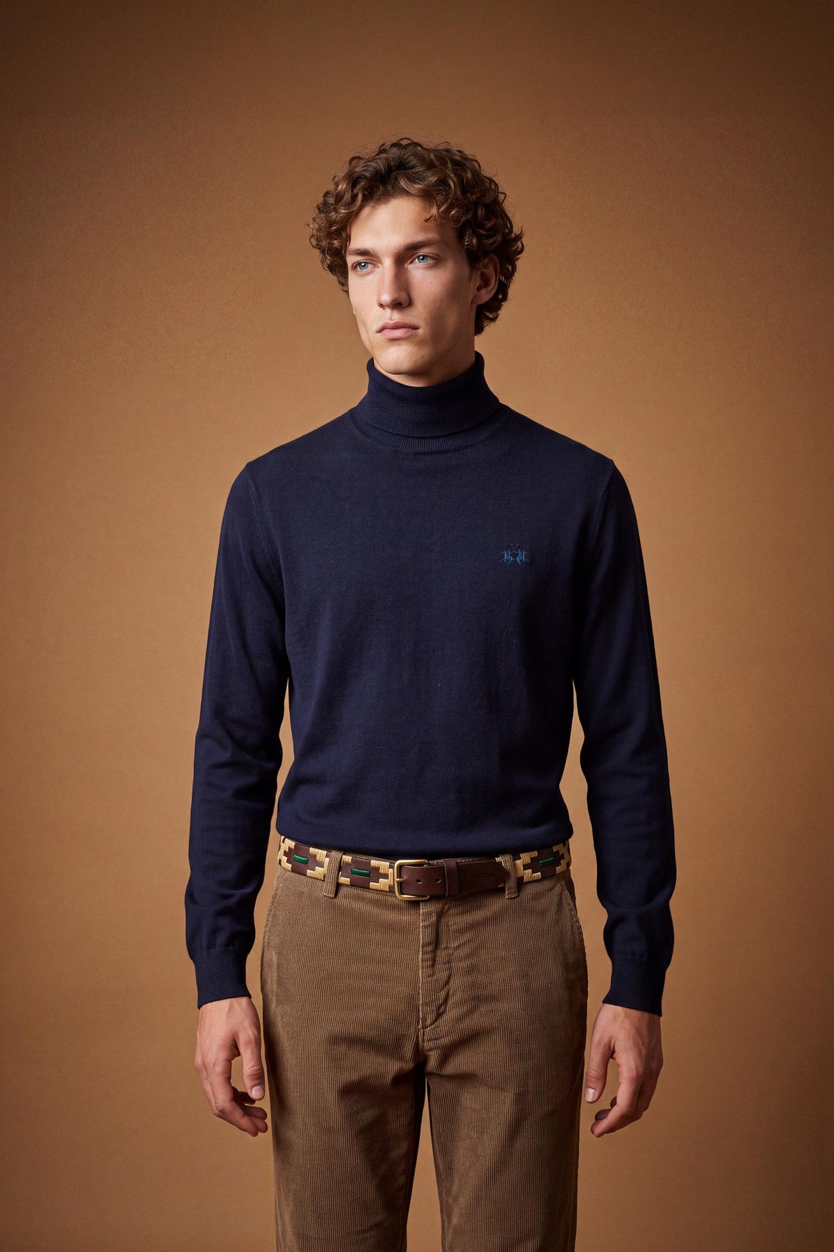 Men's long-sleeve sweater with a high-neck, soft wool-cotton blend, ribbed collar and cuffs, and subtle tone-on-tone embroidered logo for a comfortable, classic fit. - Navy