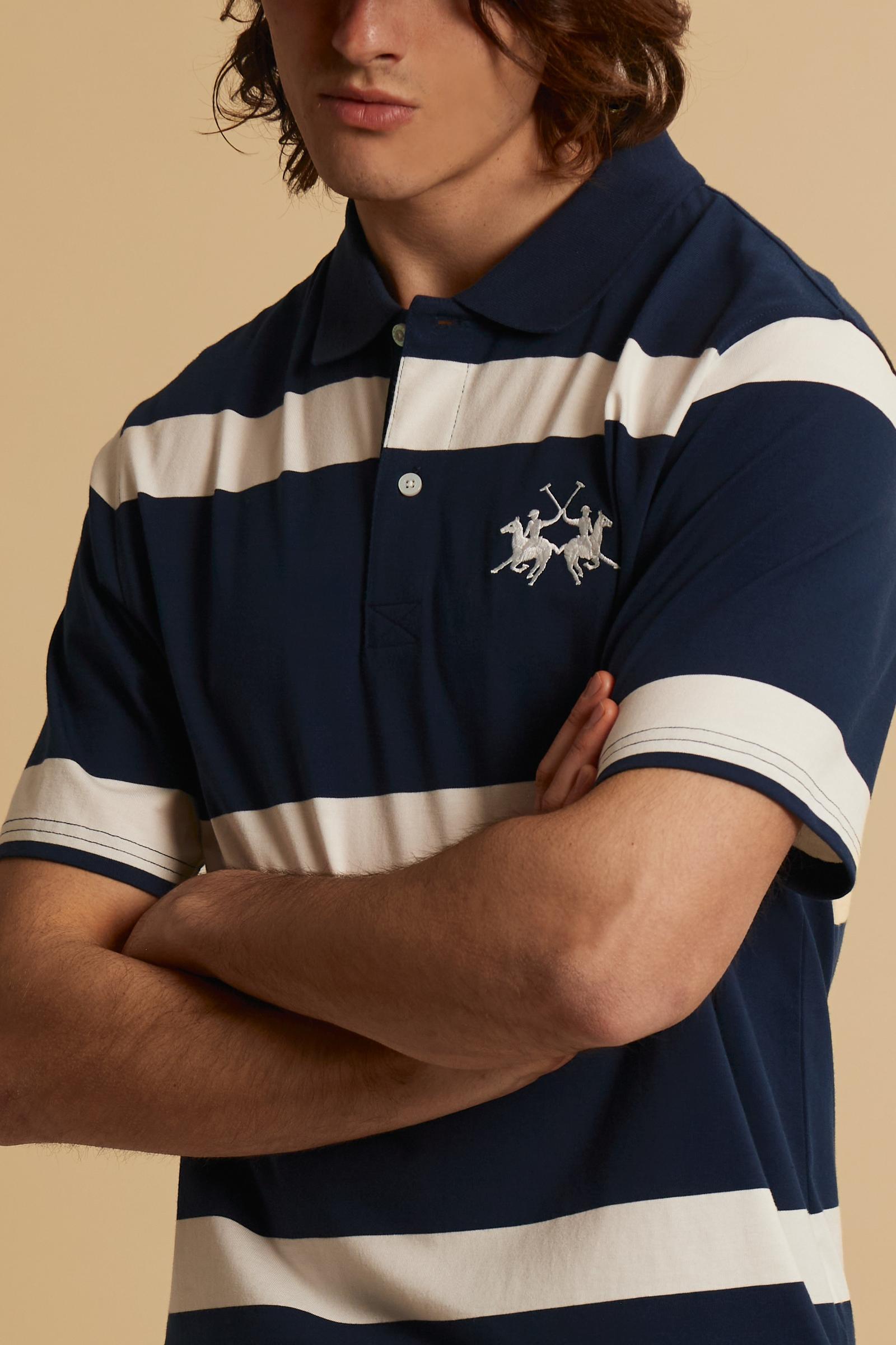 Men’s short-sleeved heavy cotton jersey polo shirt with maxi stripes - Claud