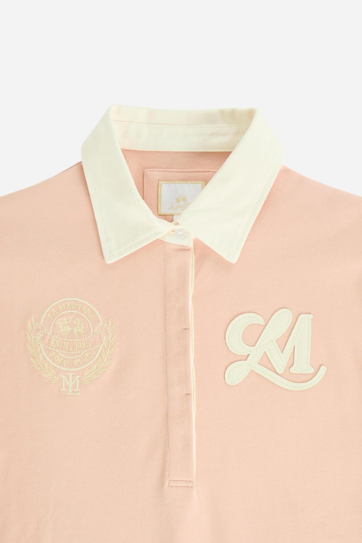 Women's long-sleeve polo in heavy-weight cotton jersey with a comfortable fit, straight cut, rugby collar, concealed front opening, embroidered crest, and LM patch. - Pale Mauve