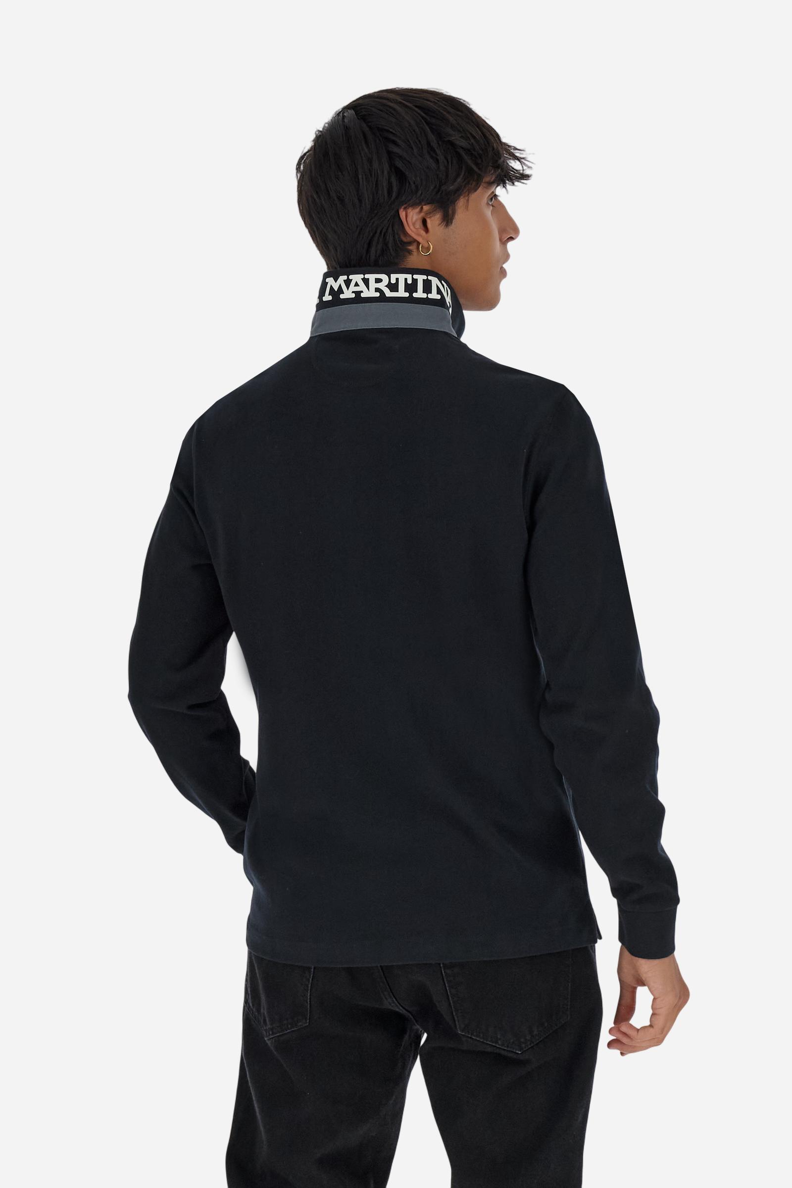 Men’s long-sleeve polo in premium soft-touch cotton jersey for a luxurious feel on the skin. Contrast gabardine details on the collar. Upper collar in tone-on-tone ribbing with printed La Martina lettering undercollar. Three customized buttons, enhanced by a multicolor striped tape on the placket. Contrast embroidered team logo on the chest. Regular fit. Model wears size L. - Black