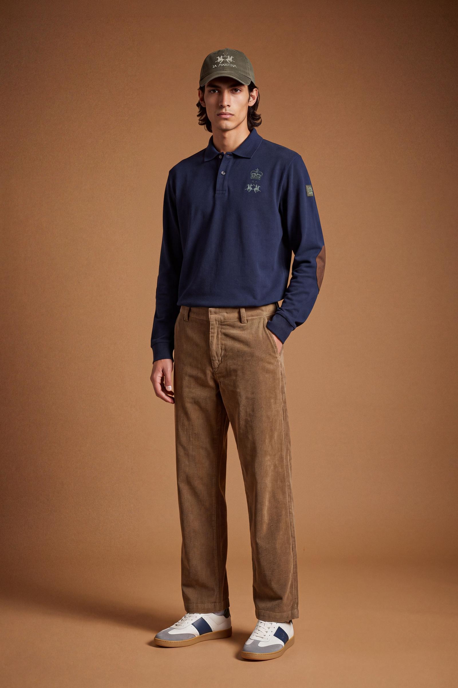 Men's long-sleeve cotton piqué polo with ribbed collar and cuffs, reinforced elbow patches, embroidered details, and a comfortable regular fit for lasting style. - Navy Blazer