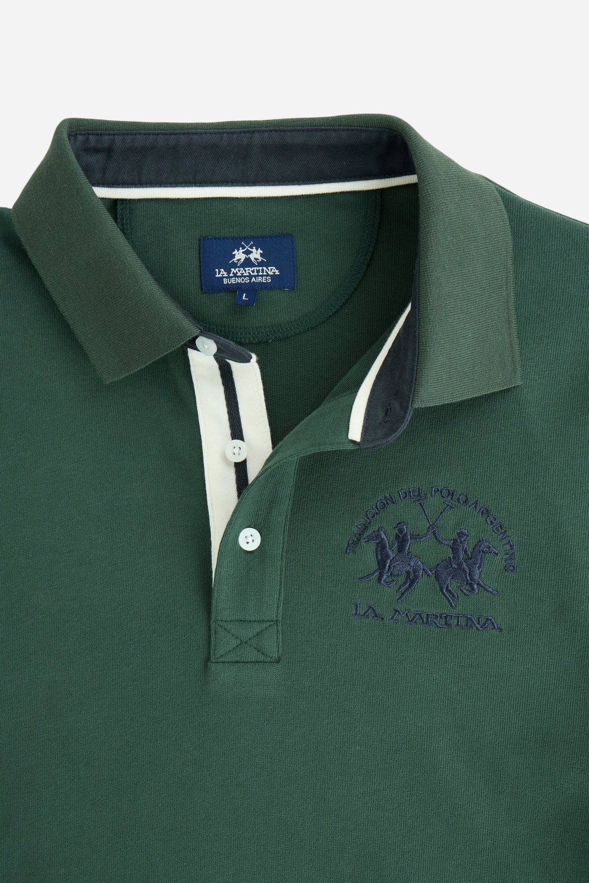 Men's long-sleeve polo in soft cotton jersey with contrasting gabardine collar, ribbed details, multicolor striped placket, and embroidered team logo for comfor - Sycamore