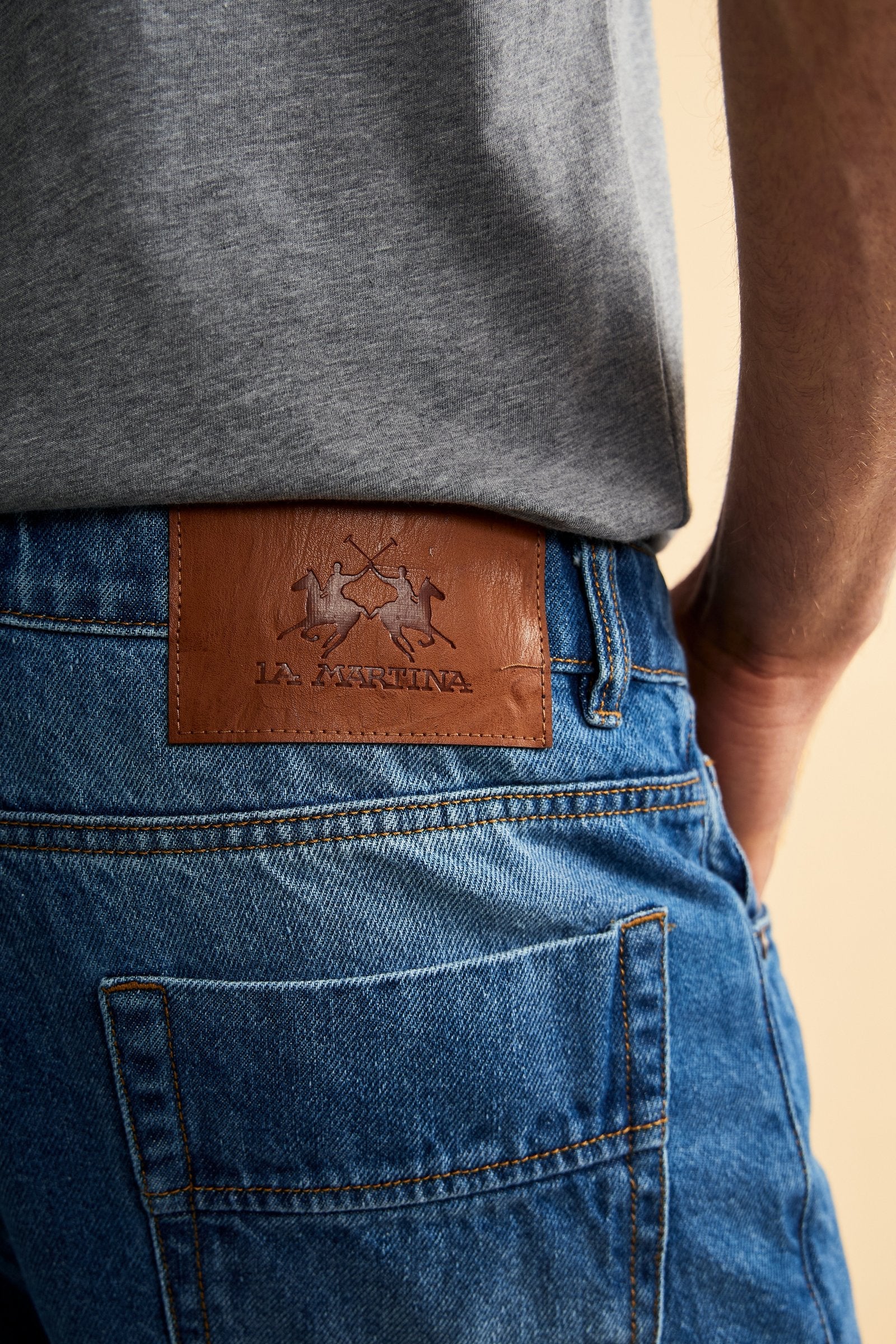 Five-pocket jeans in stretch cotton denim with branded rivets and button. Regular waist and slim leg. Embroidered logo on coin pocket and branded label on the back. - Medium Indigo Denim                                                                                                                                                                                                                                                                                                                                      