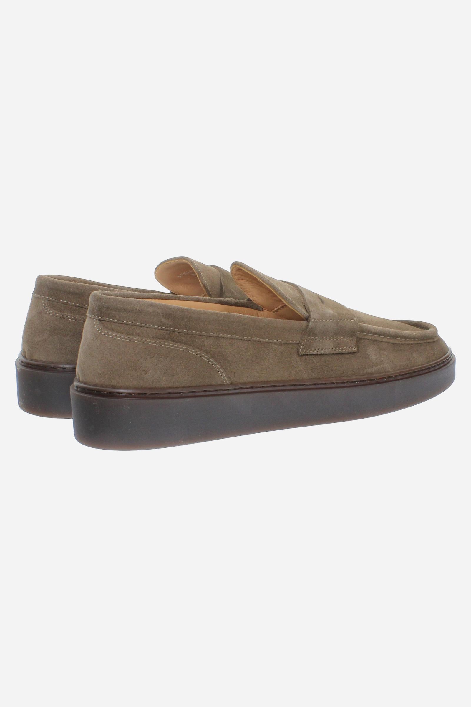 Men's suede loafer with glove stitching, embossed logo, and brown rubber sole for comfort and style. Handcrafted in Italy for casual and semi-formal wear. - Taupe Gray